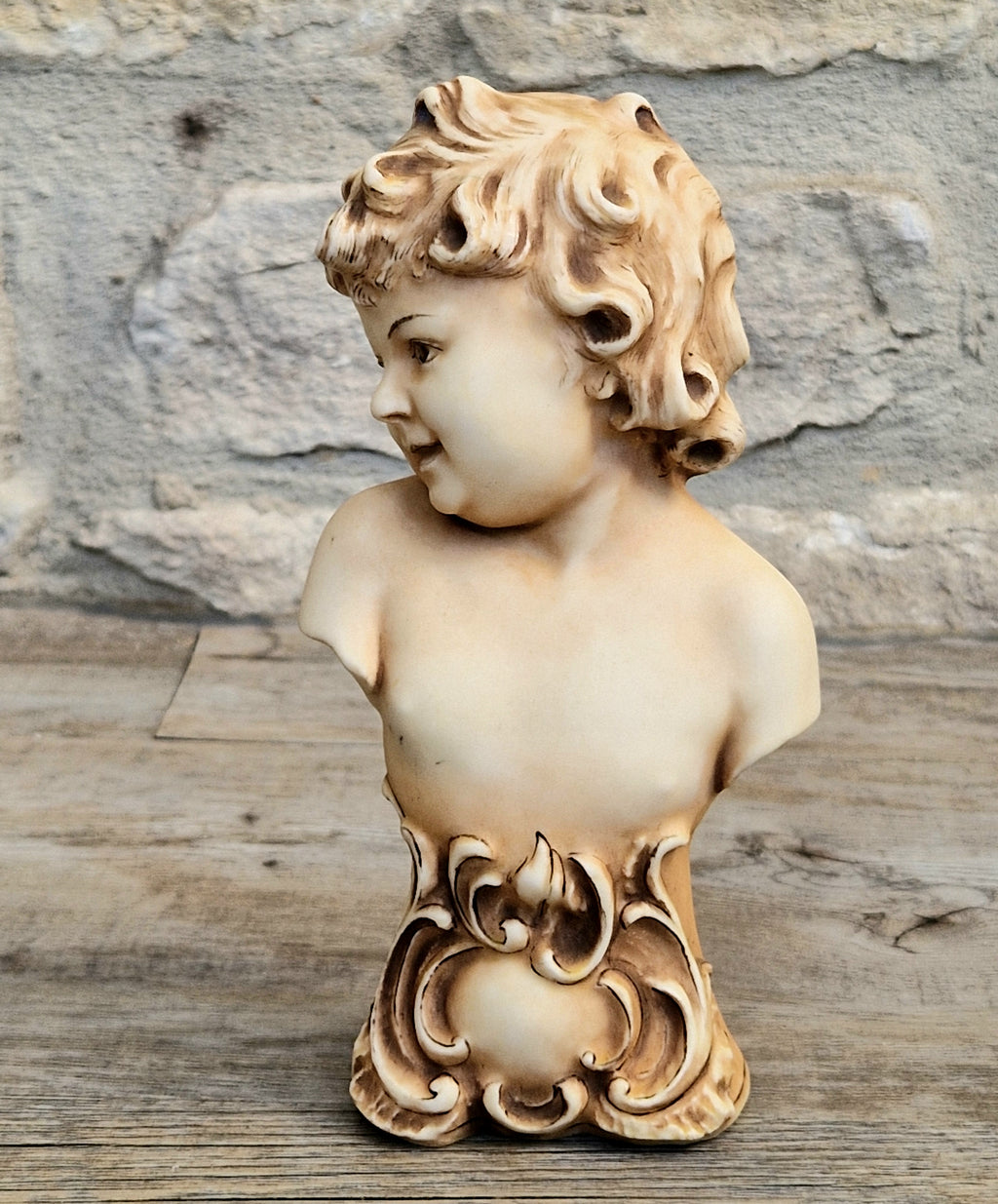 Antique NeoClassical Continental Patinated Bisque Porcelain Putti Child Bust Figure Ornament