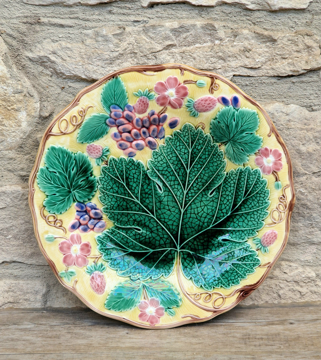 Rare Vintage Wedgwood Majolica Yellow Ground Strawberry Vine Plate 1930s English Pottery Exceptional Condition Grape Leaf & Berries