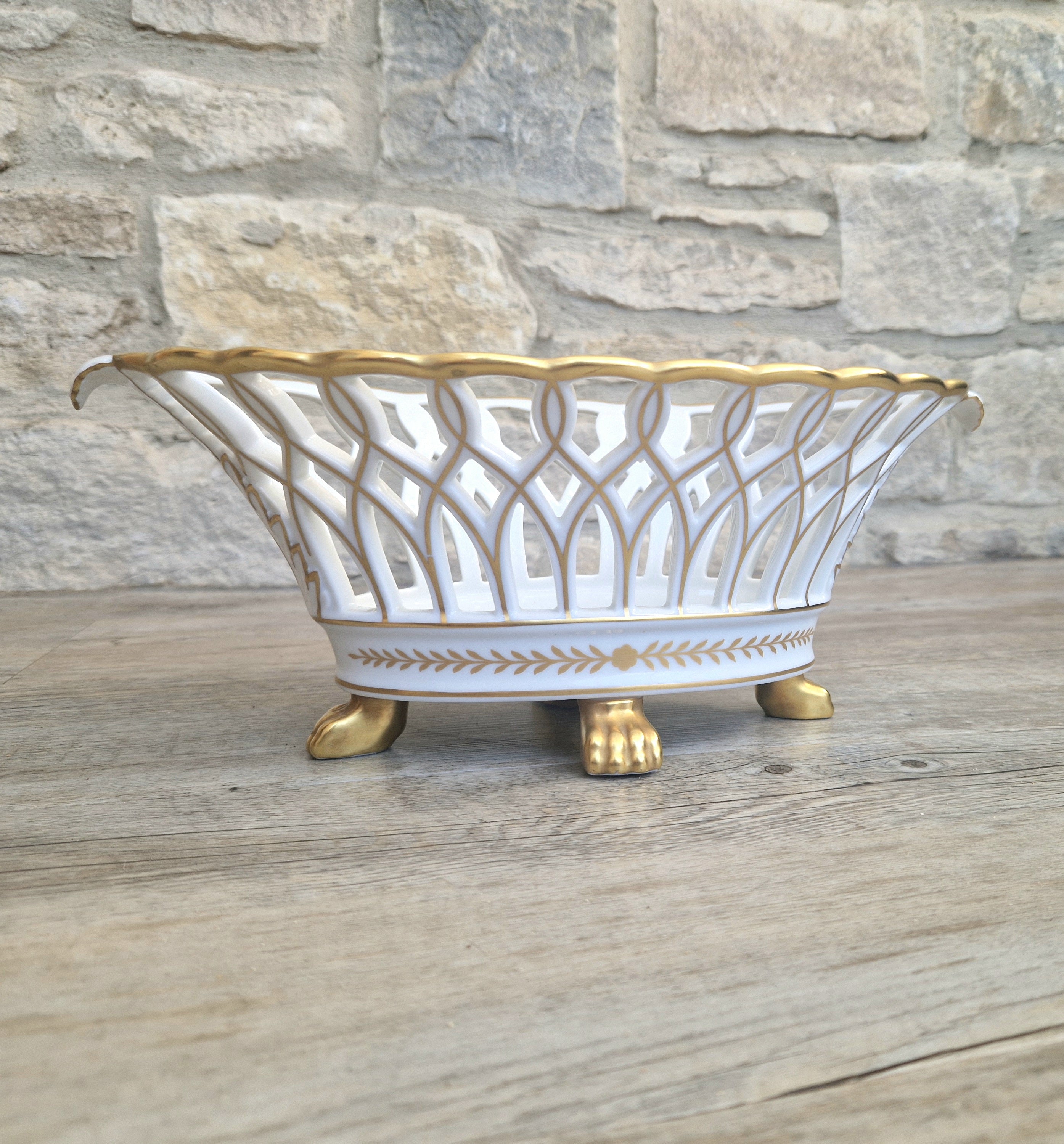 Large Vista Alegre Reticulated White & Gold Ceramic Basket Fruit Bowl Old Paris Style