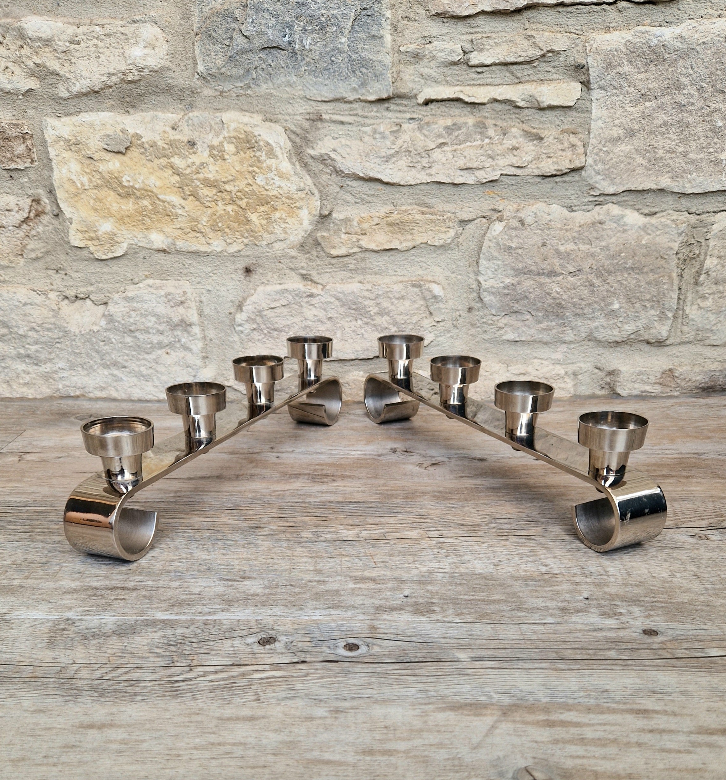Pair MCM Futurist Chromed Stainless Steel Candle Holders Multi Candelabra Tealight Holders