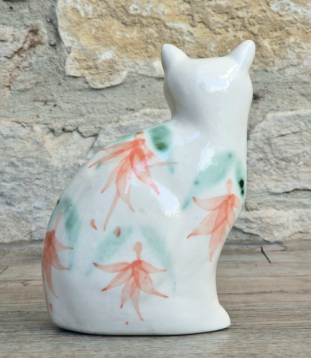 Vintage Moorland Pottery Seated Cat Figurine Hand Painted Fuchsia Floral Staffordshire Art Pottery