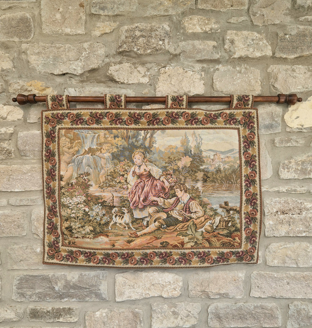 Vintage French Jaquard Pastoral Tapestry Wall Hanging Mounted on Oak Finialled Pole Linned & Finished in England 86cm x 62cm