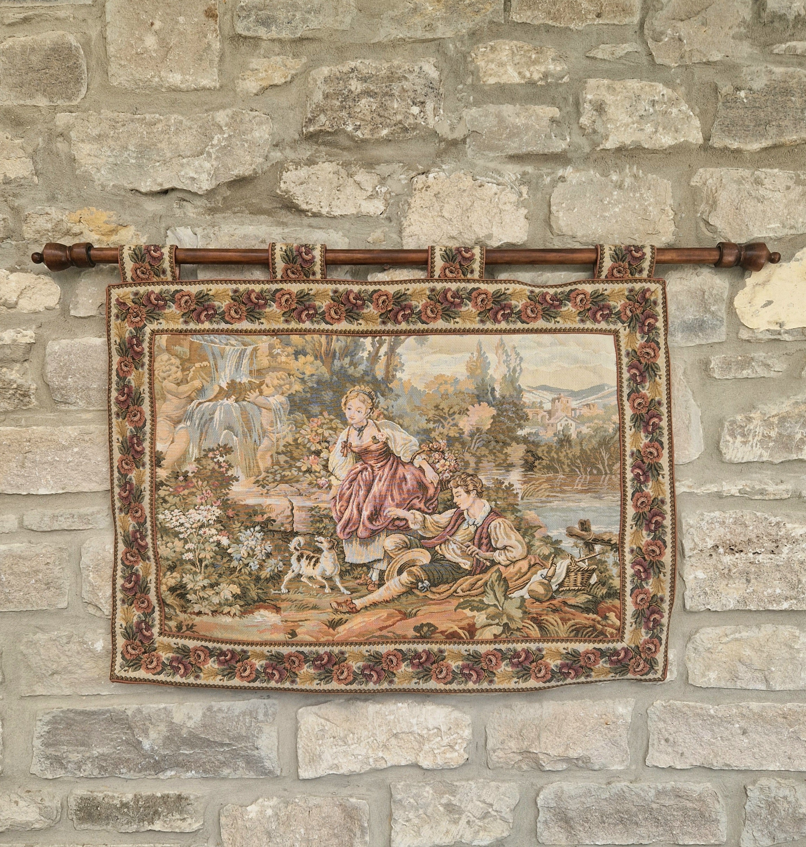 Vintage French Jaquard Pastoral Tapestry Wall Hanging Mounted on Oak Finialled Pole Linned & Finished in England 86cm x 62cm