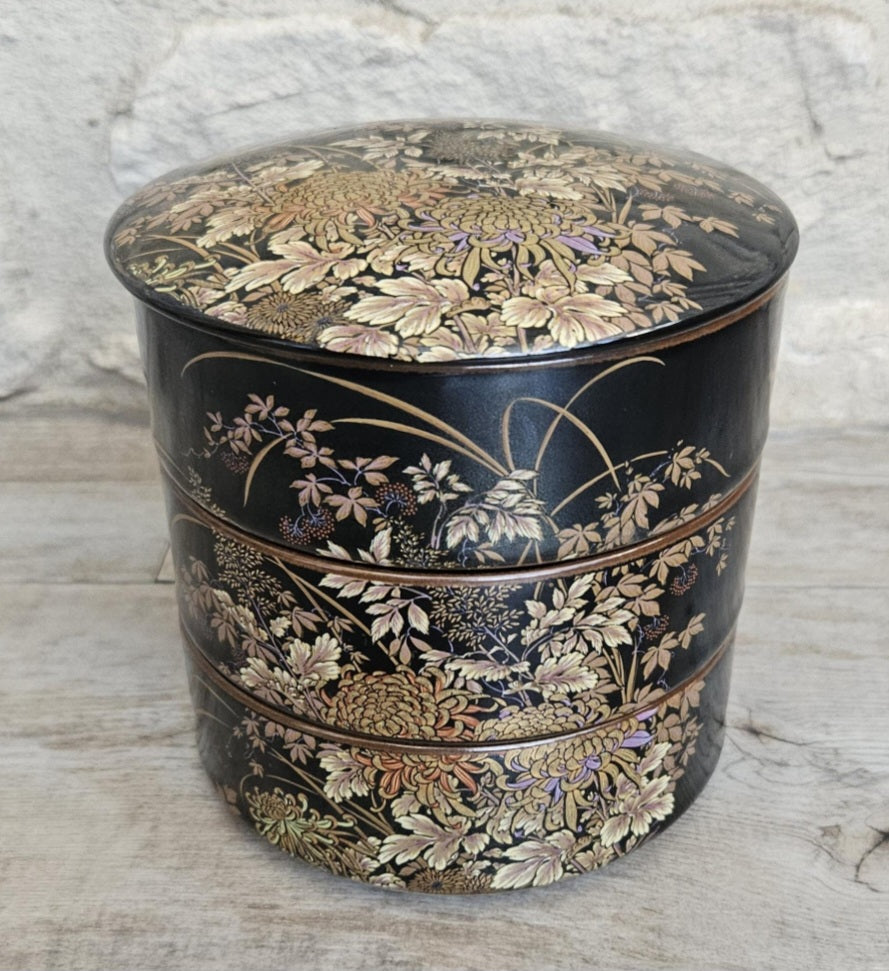 Japanese 3 Tiered Porcelain Lidded Box Butterfly Flowers Shibata Toki Vintage