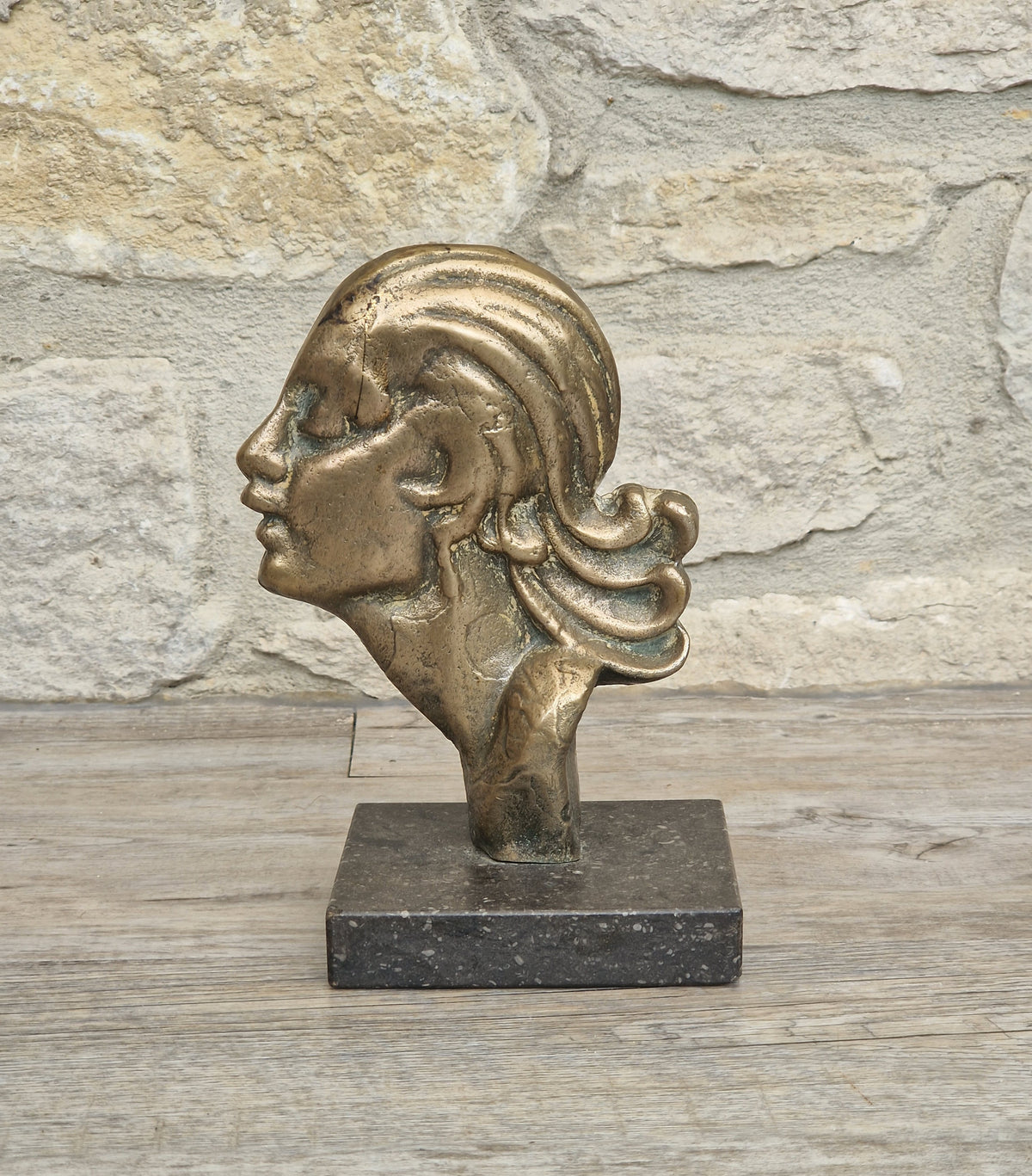 Art Deco Cast Bronze Girl's Head Profile Black Marble Mounted Desk Sculpture