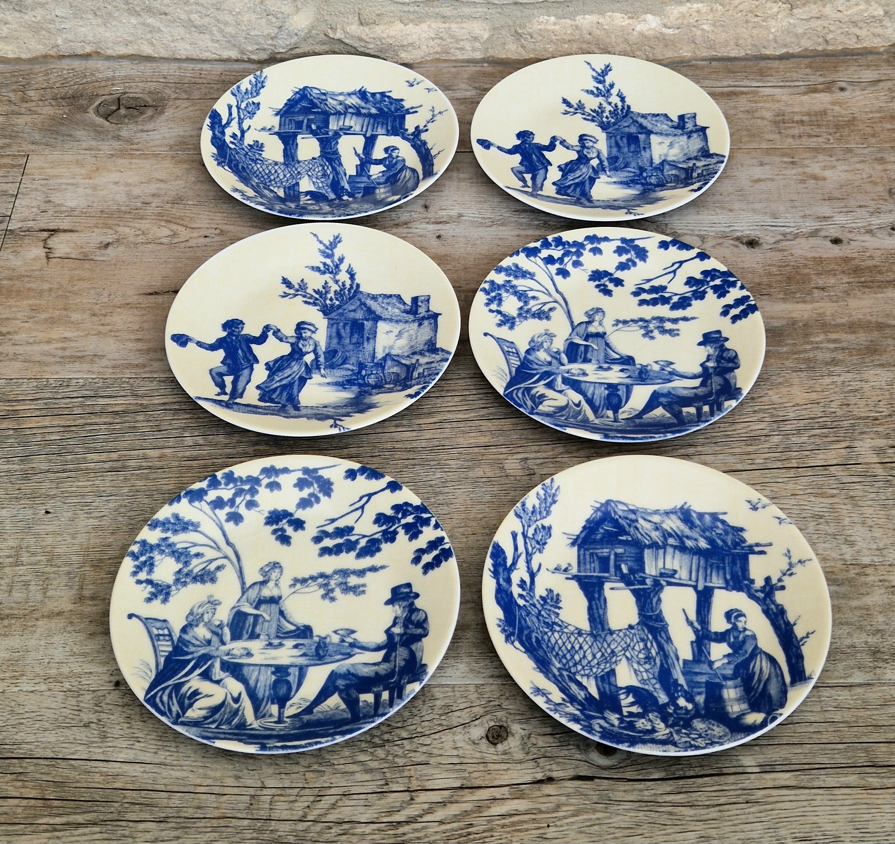 Set of Six Toile De Jouy Blue Salad or Dessert Plates Philippe Deshoulieres France. Boxed & Unused