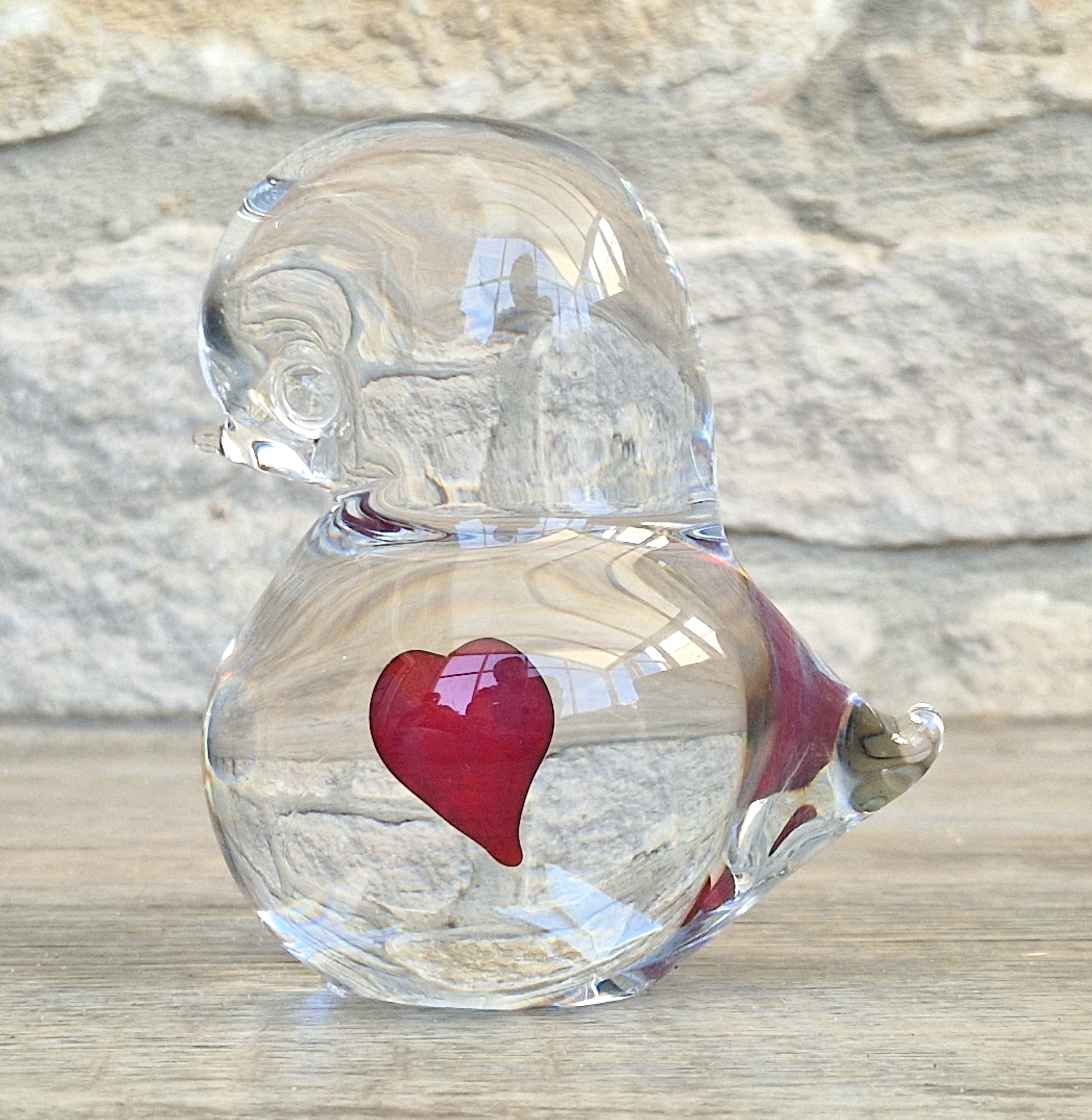 Art Glass Stylised Duckling Shaped Clear Glass With Embedded Red Heart Paperweight Ornament