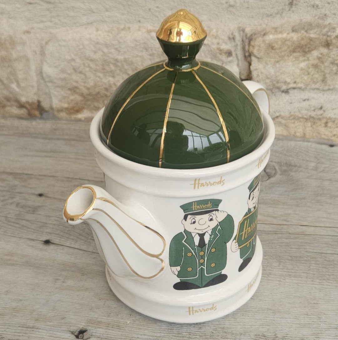 Vintage Harrods Teapot Green & Gold Doormen Motif, James Sadler England Harrods Logo