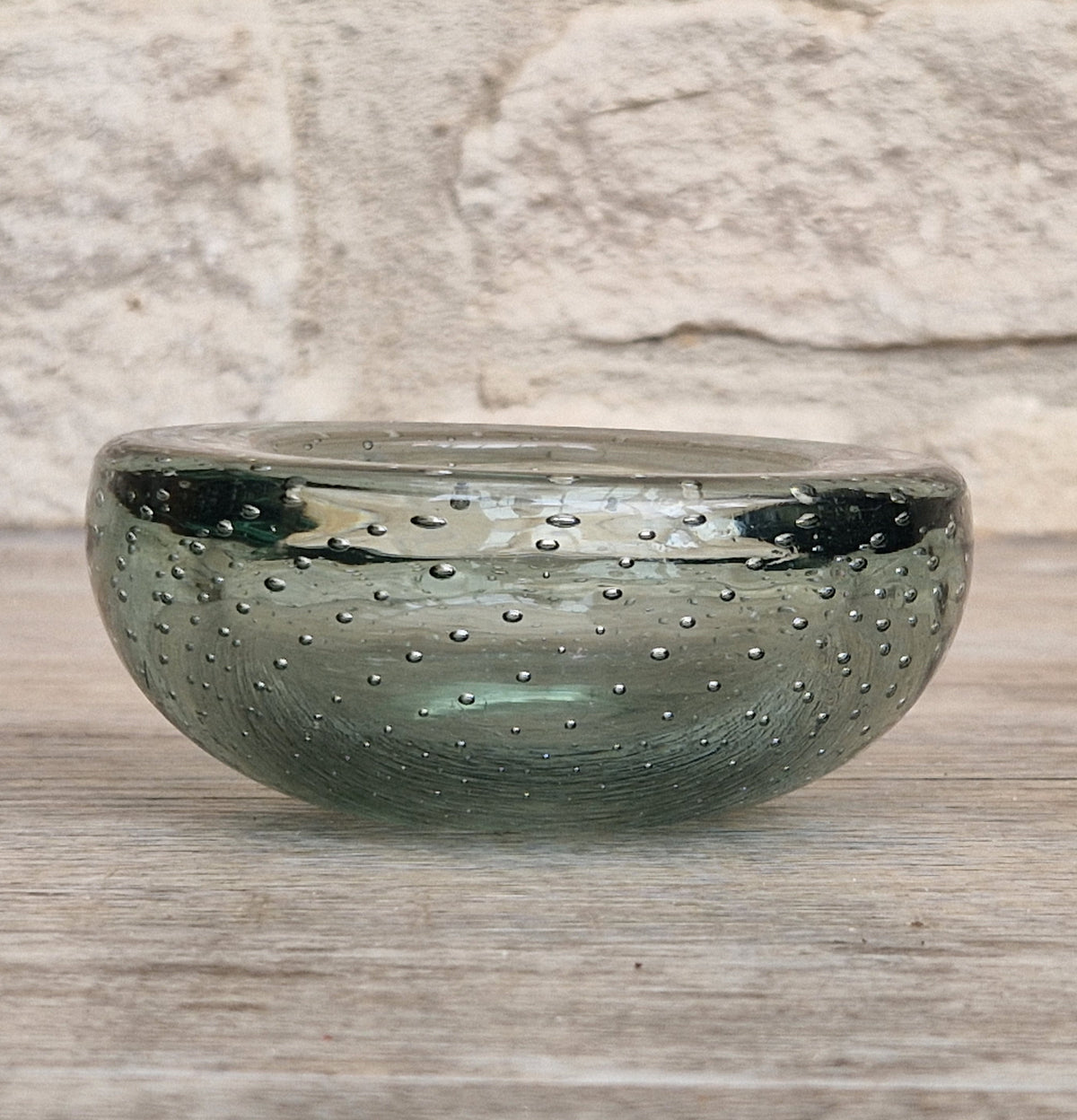 Vintage Whitefriars Sea Green Controlled Bubble Glass Bowl 9099 Mid Century Bullicante Dish