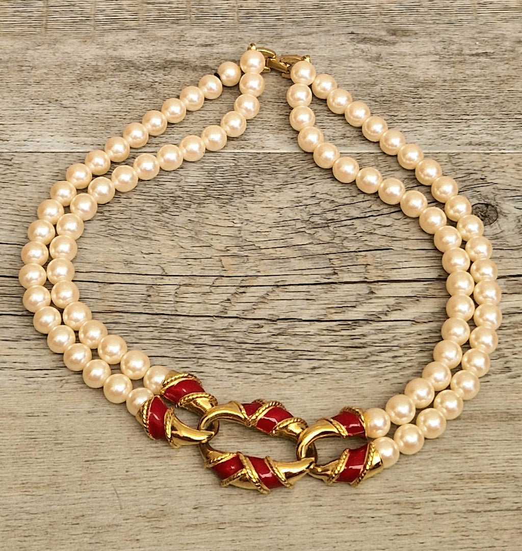 Vintage Double Strand Faux Pearl Necklace with bold gold and red enamel Statement Embellished Richelieu 40cm