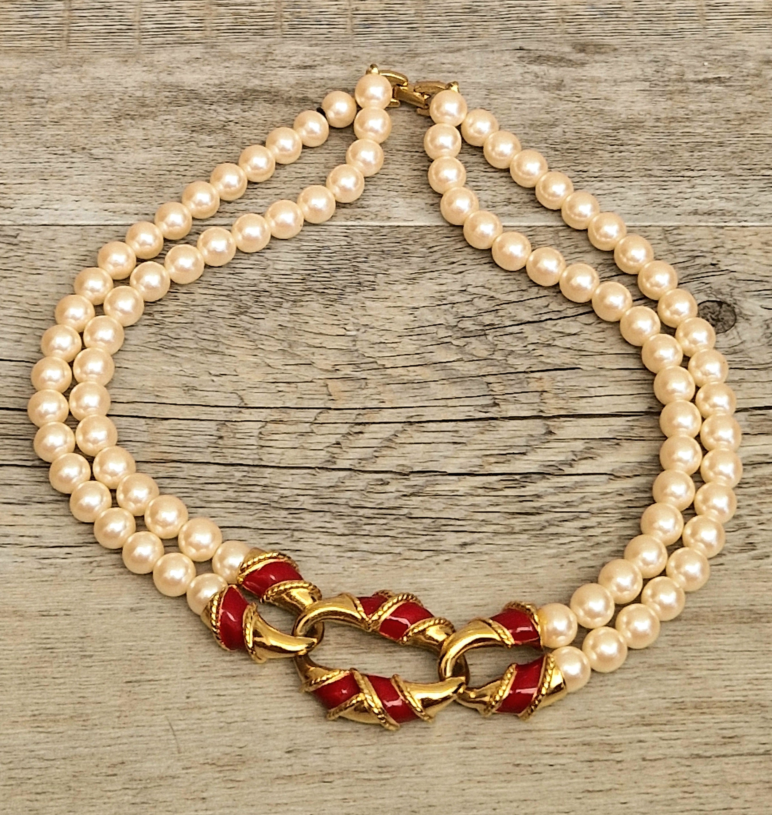 Vintage Double Strand Faux Pearl Necklace with bold gold and red enamel Statement Embellished Richelieu 40cm