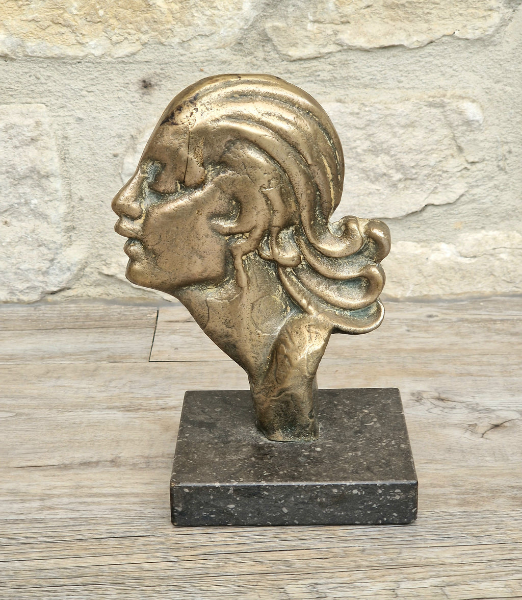 Art Deco Cast Bronze Girl's Head Profile Black Marble Mounted Desk Sculpture