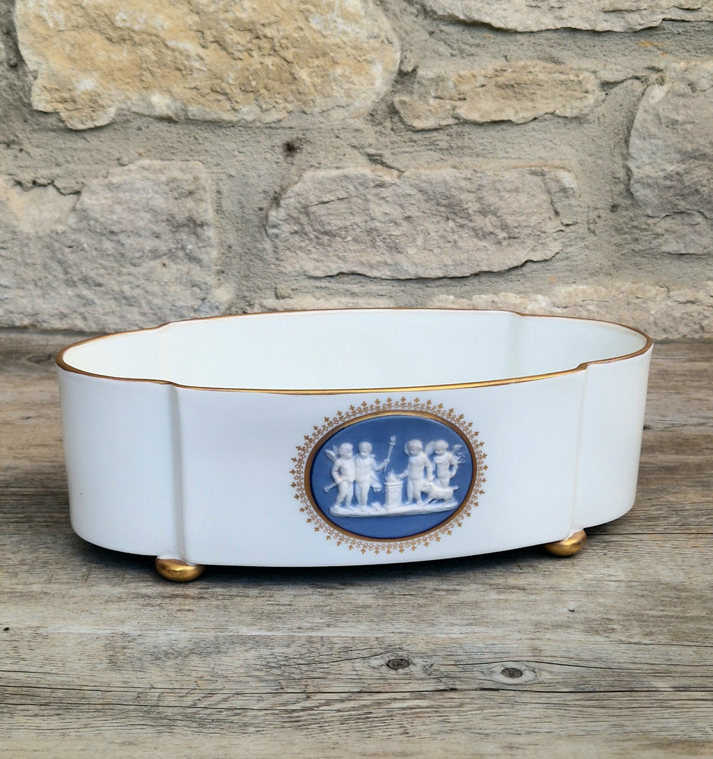 Vintage Vista Alegre Footed Centerpiece, White and Gold Porcelain Scalloped Planter Bowl Blue Jasperware Cherub Cameo