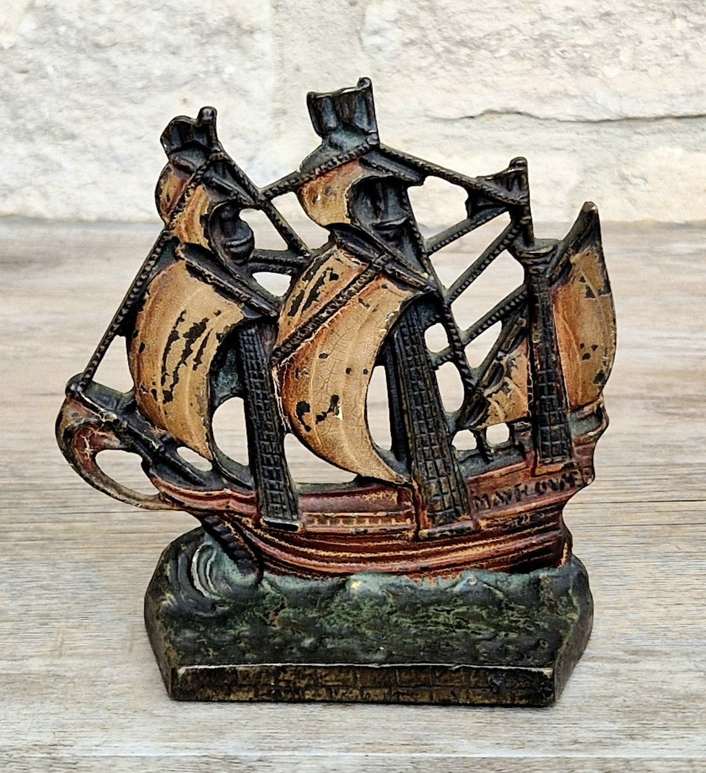 1920s Antique Sand Cast Bronze Mayflower Ship Bookend Paperweight Pattern 110 Original Paint