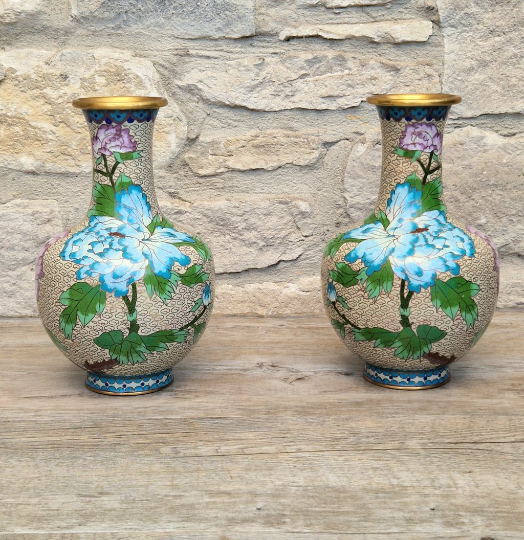 Pair Of Large Cloisonne Mirror Matched Peony Vases Mid 20th Century Exemplary Condition 23cm