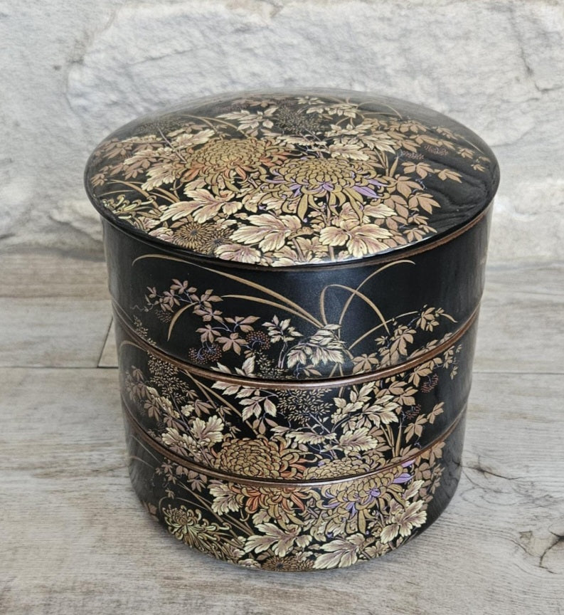 Japanese 3 Tiered Porcelain Lidded Box Butterfly Flowers Shibata Toki Vintage