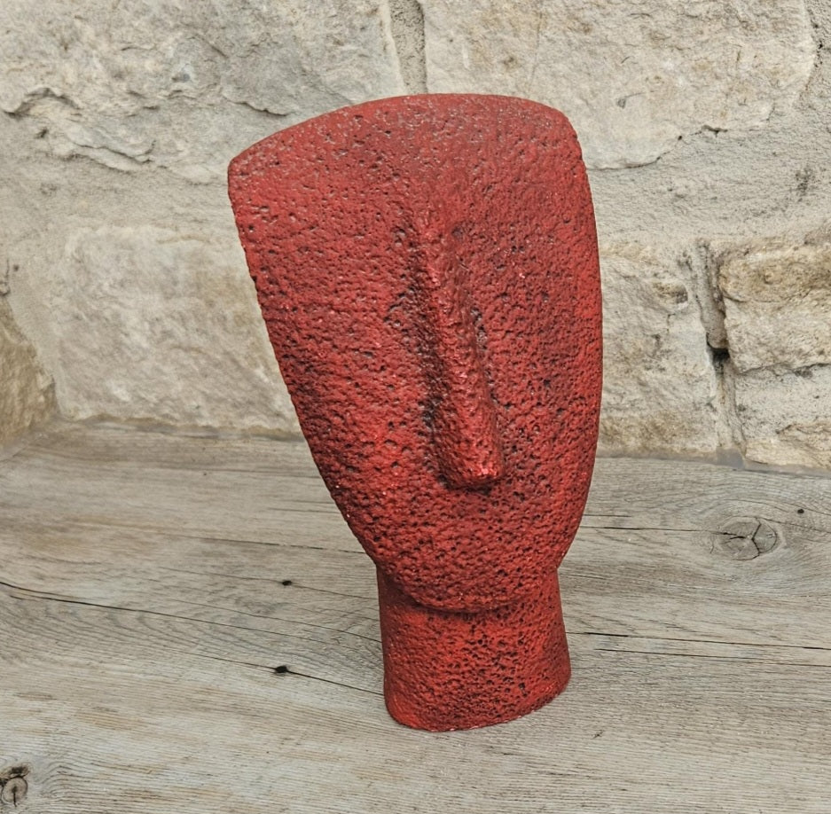 Vintage Red Cycladic Head Sculpture Minimalist Pop Art Textured Resin 18.5cm Tall