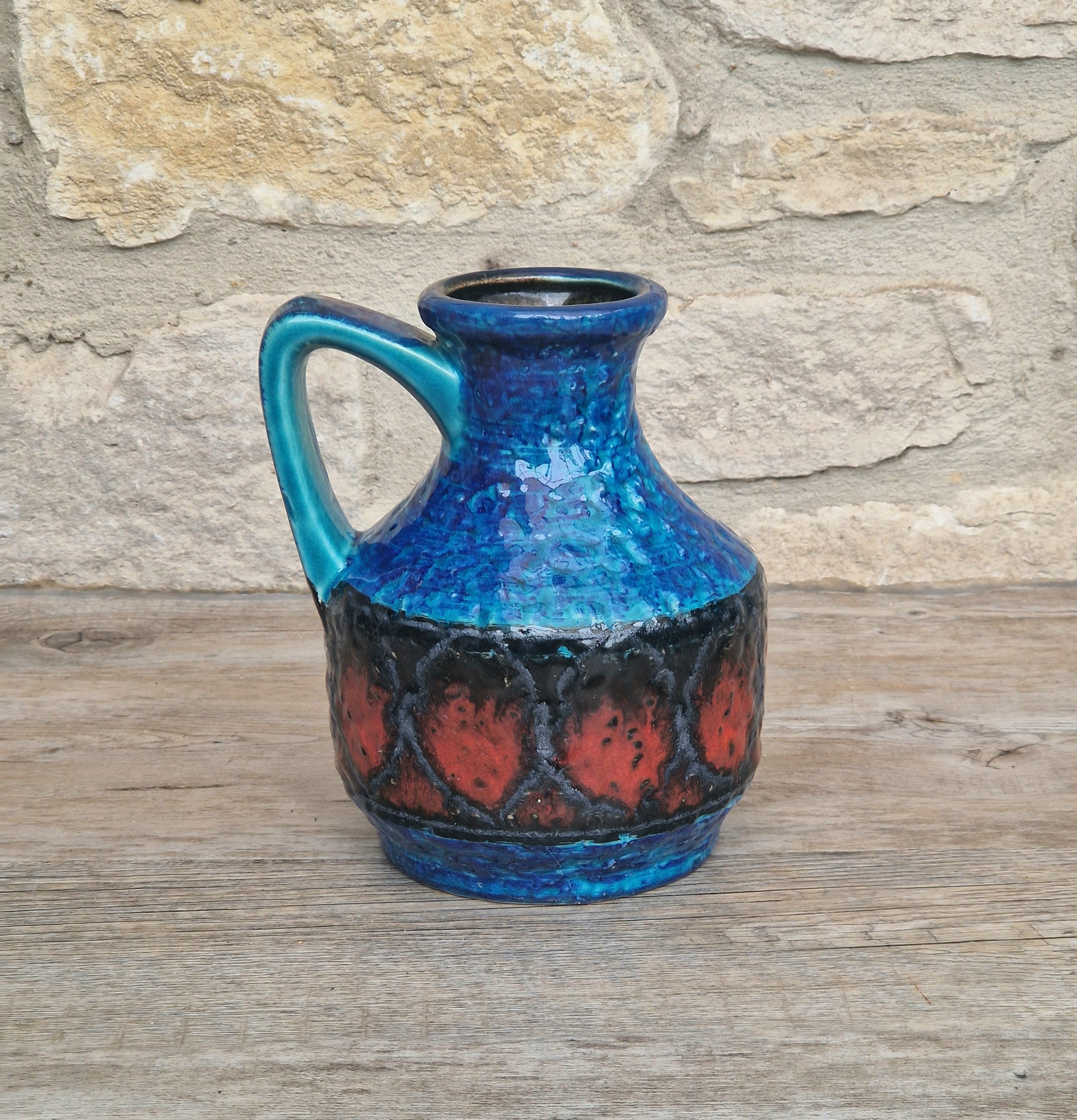 Bay Keramik West German Fat Lava Pottery Jug Vase Mid-Century Bright Blue Vintage