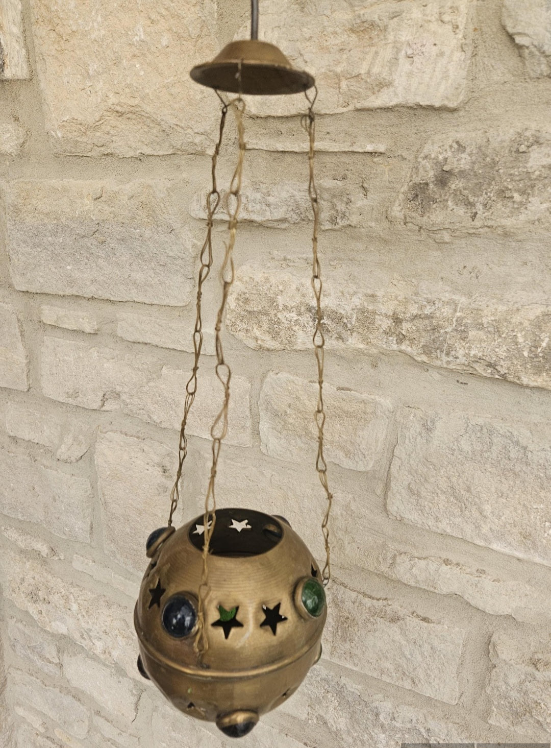 Vintage Pierced Brass Hanging Lantern with cabouchon verdigris Bohemian Moroccan