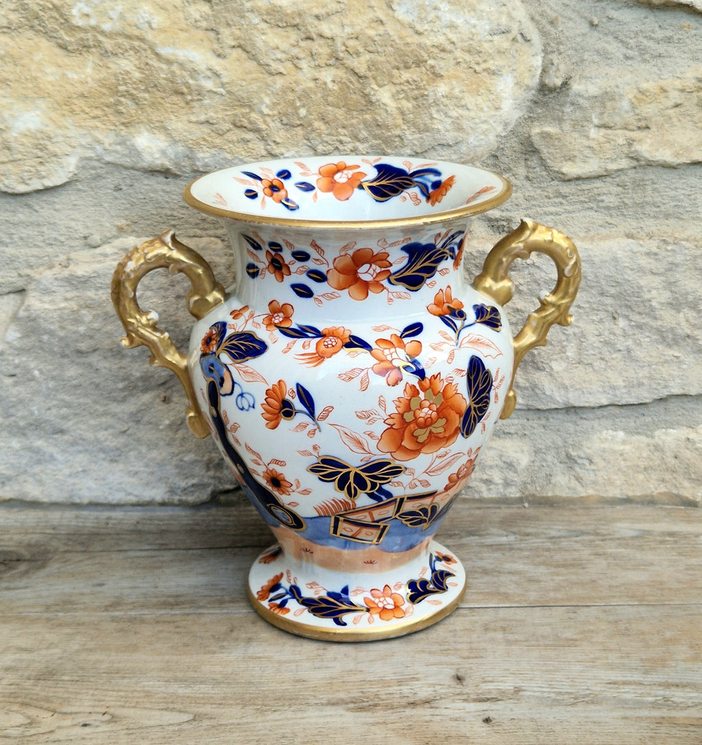 Early Mason's Ironstone China Vase Japan Fence Pattern, Gilt Handles 1820