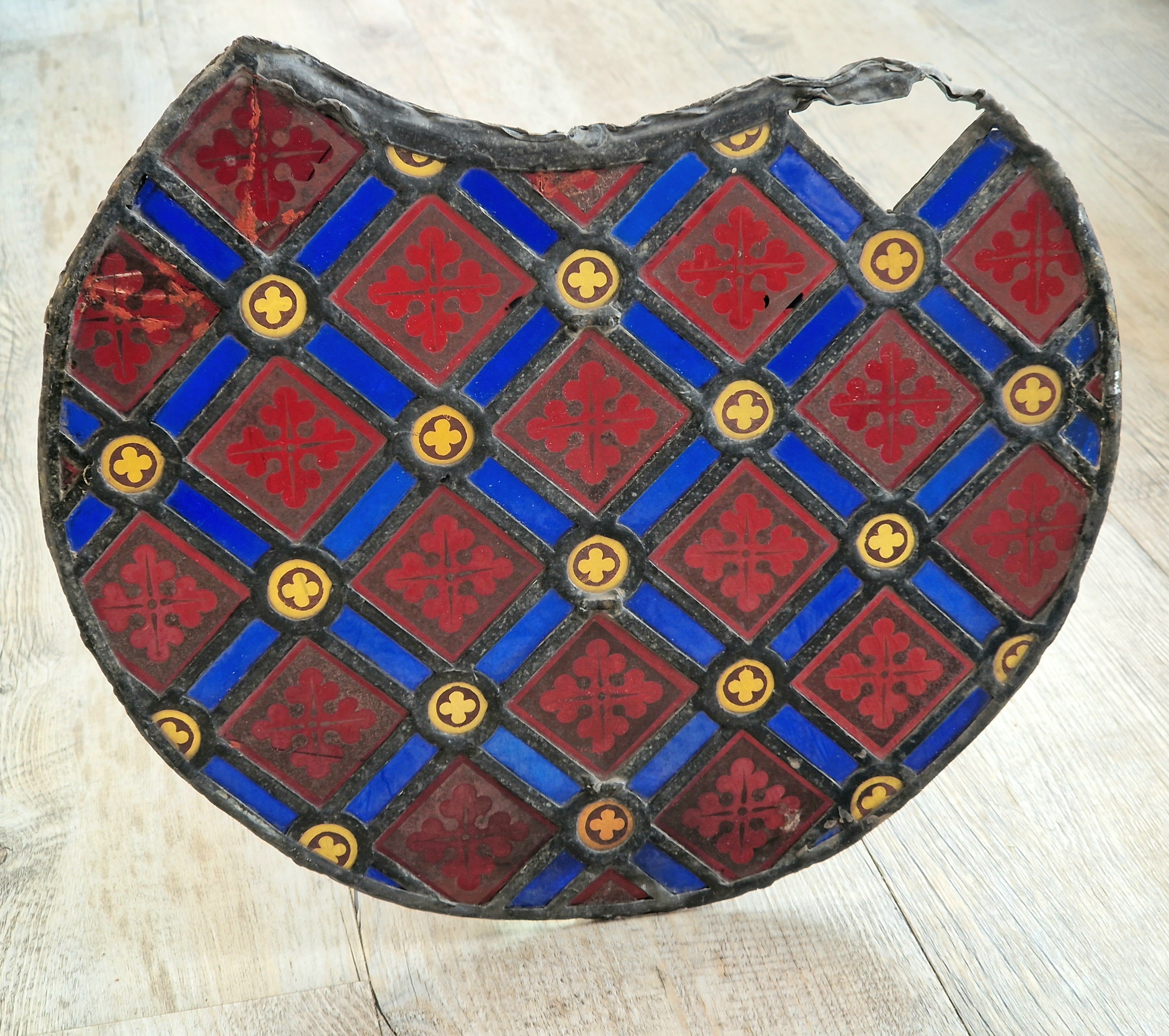 Rare Antique Early 19th Century French Gothic Revival Stained Glass Roundel Panel - Medieval Style Diaper Pattern