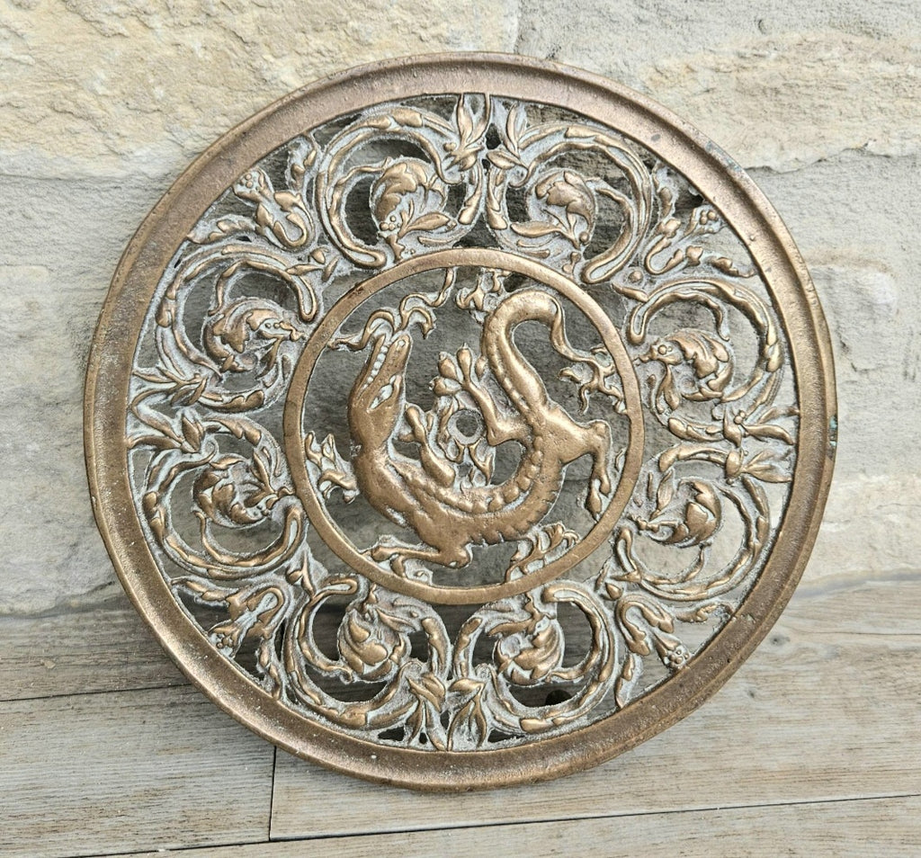 Vintage Filligree Ornate Brass Dragon Round Trivet Stand 20cm Diameter