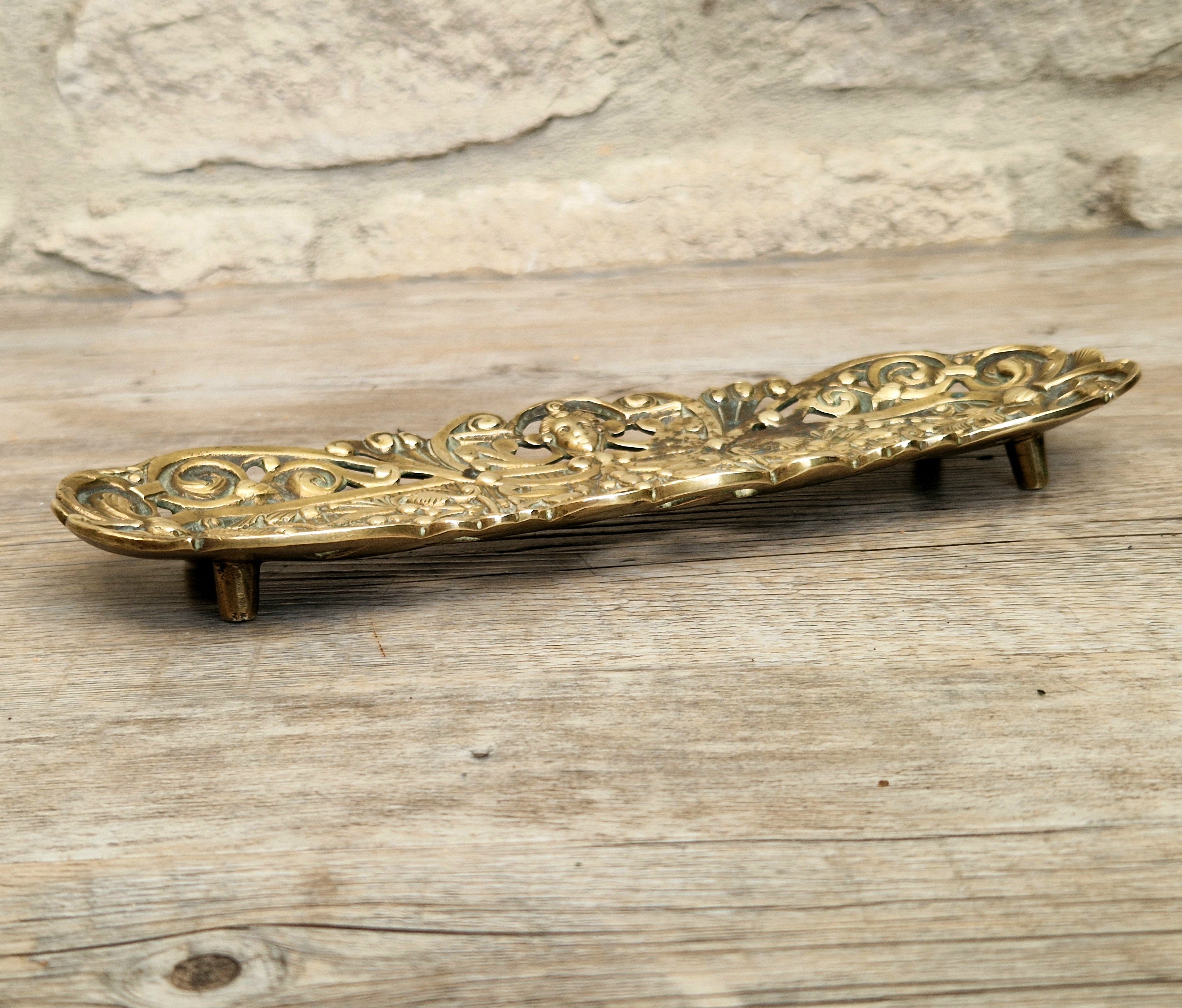 Antique Renaissance Revival Cast Brass Pen Tray