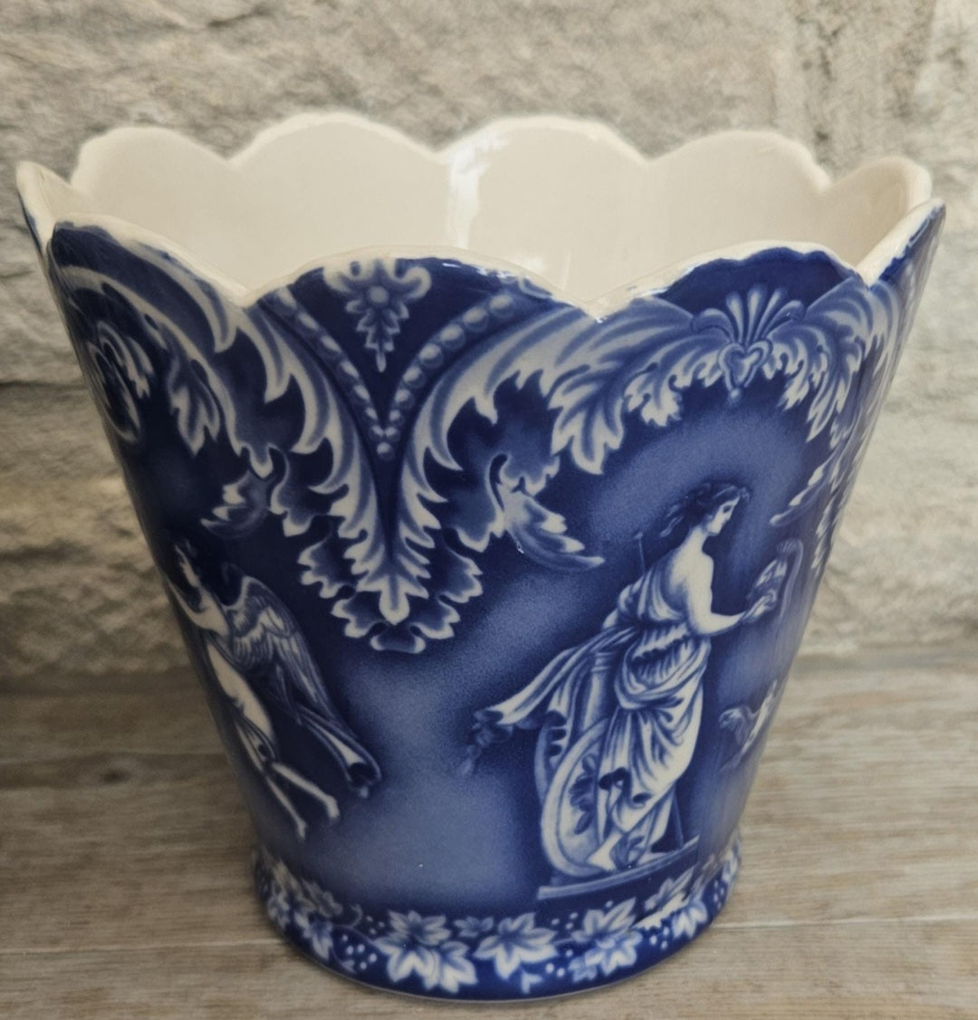 Vintage Pair Cache Pots Planters Blue & White Neoclassical Scalloped Edge Staffordshire Pottery England