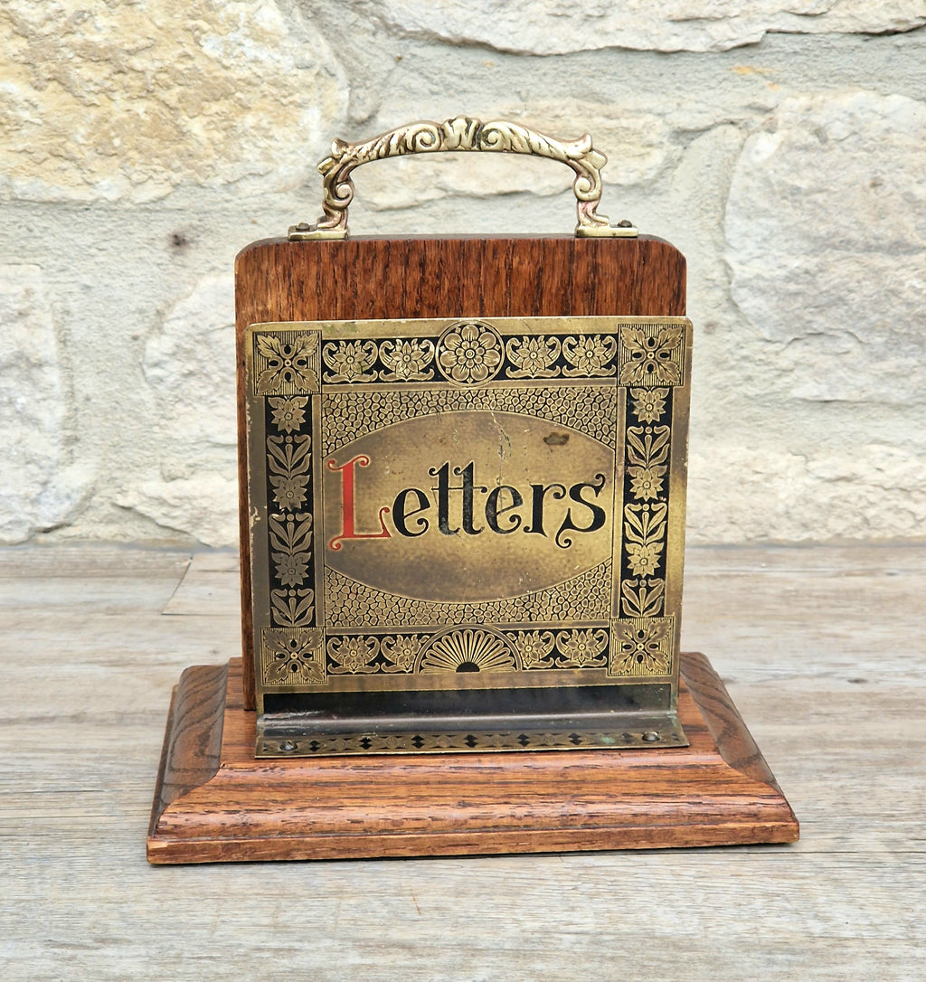 Antique Arts & Crafts Brass And Quarter Sawn Oak Gentleman's Handled Double Letter Rack Stand