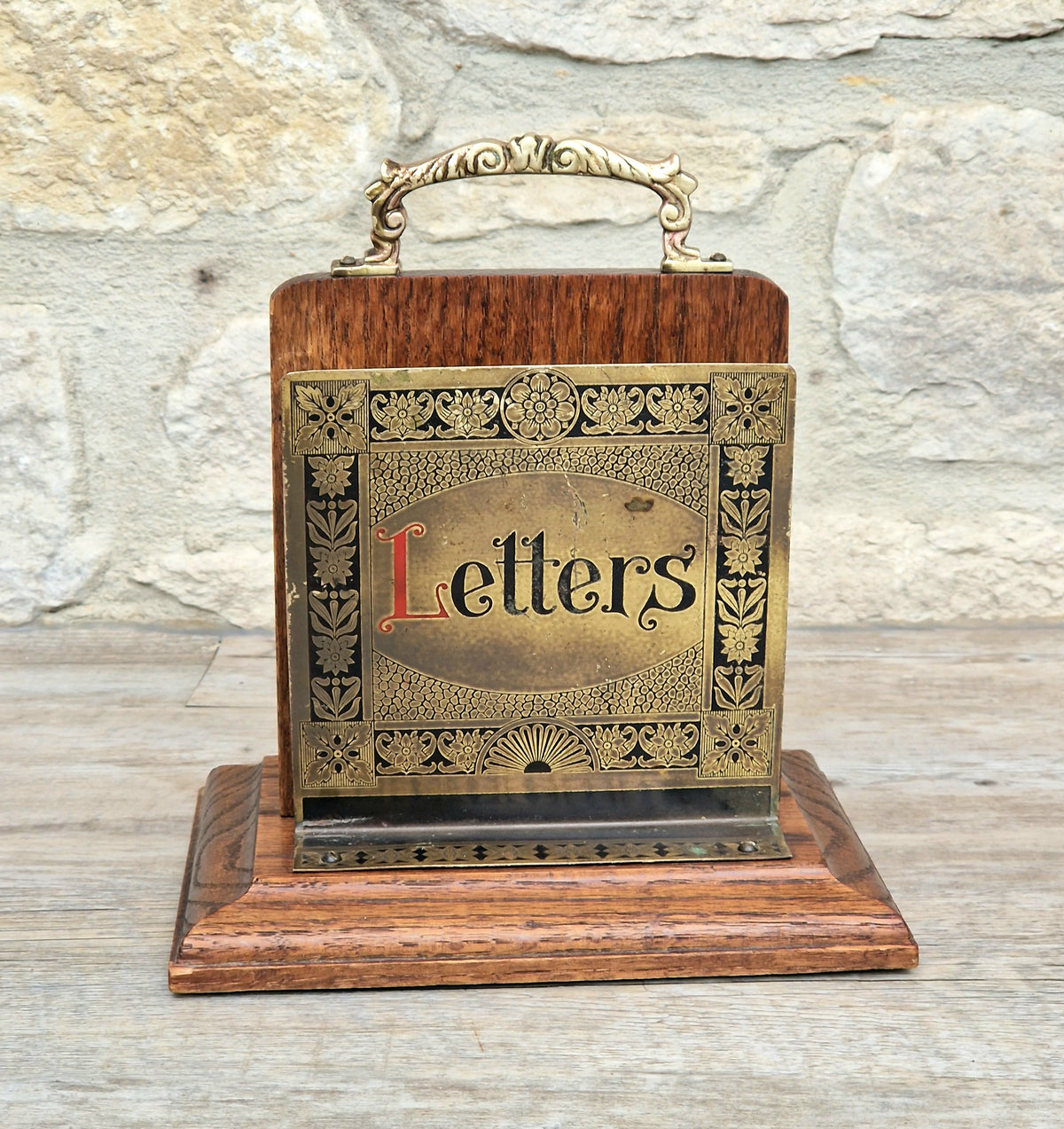 Antique Arts & Crafts Brass And Quarter Sawn Oak Gentleman's Handled Double Letter Rack Stand