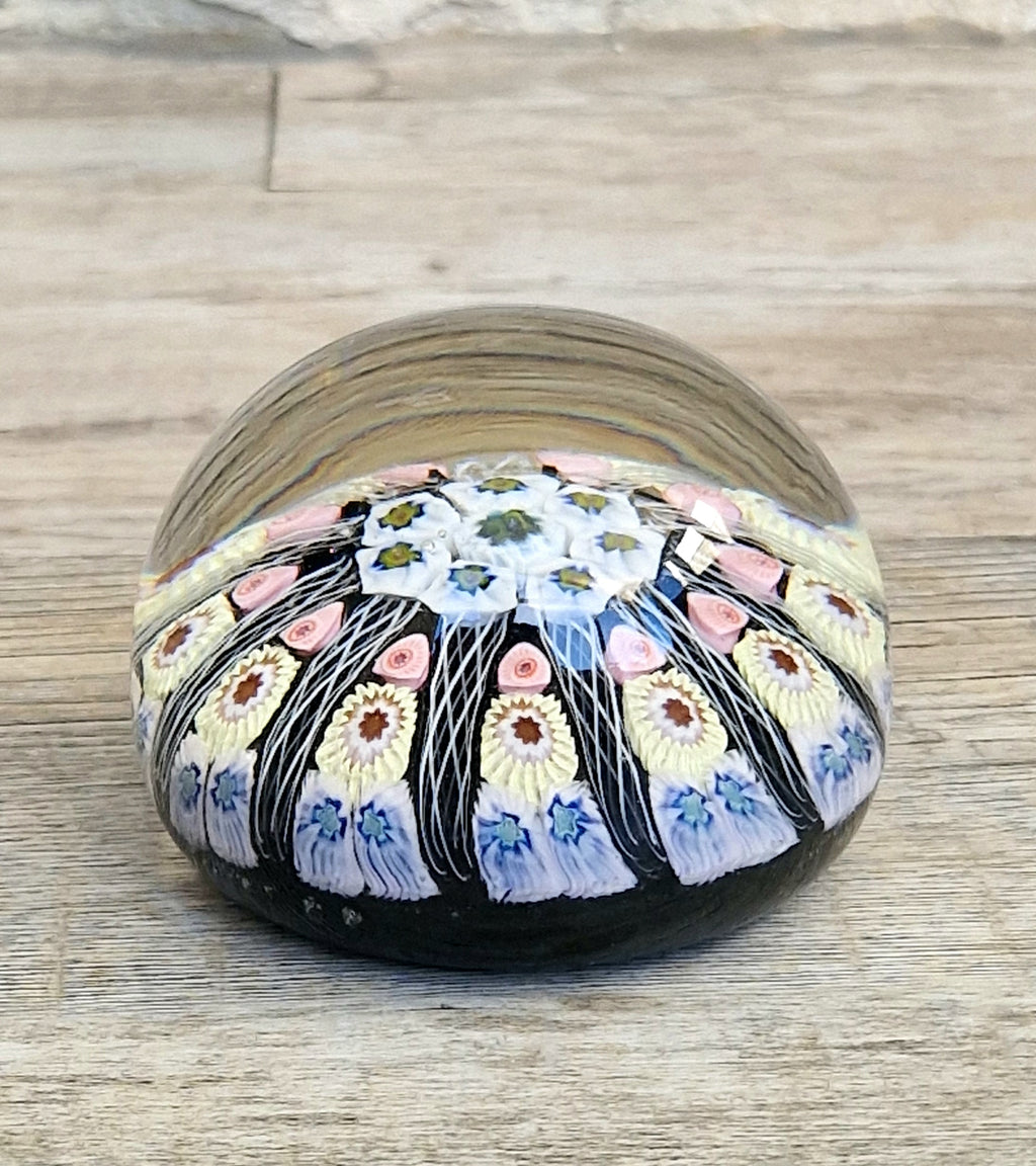 Strathearn Art Glass Paperweight 11 Spoke Millefiori with Filligree on Purple Ground Vintage