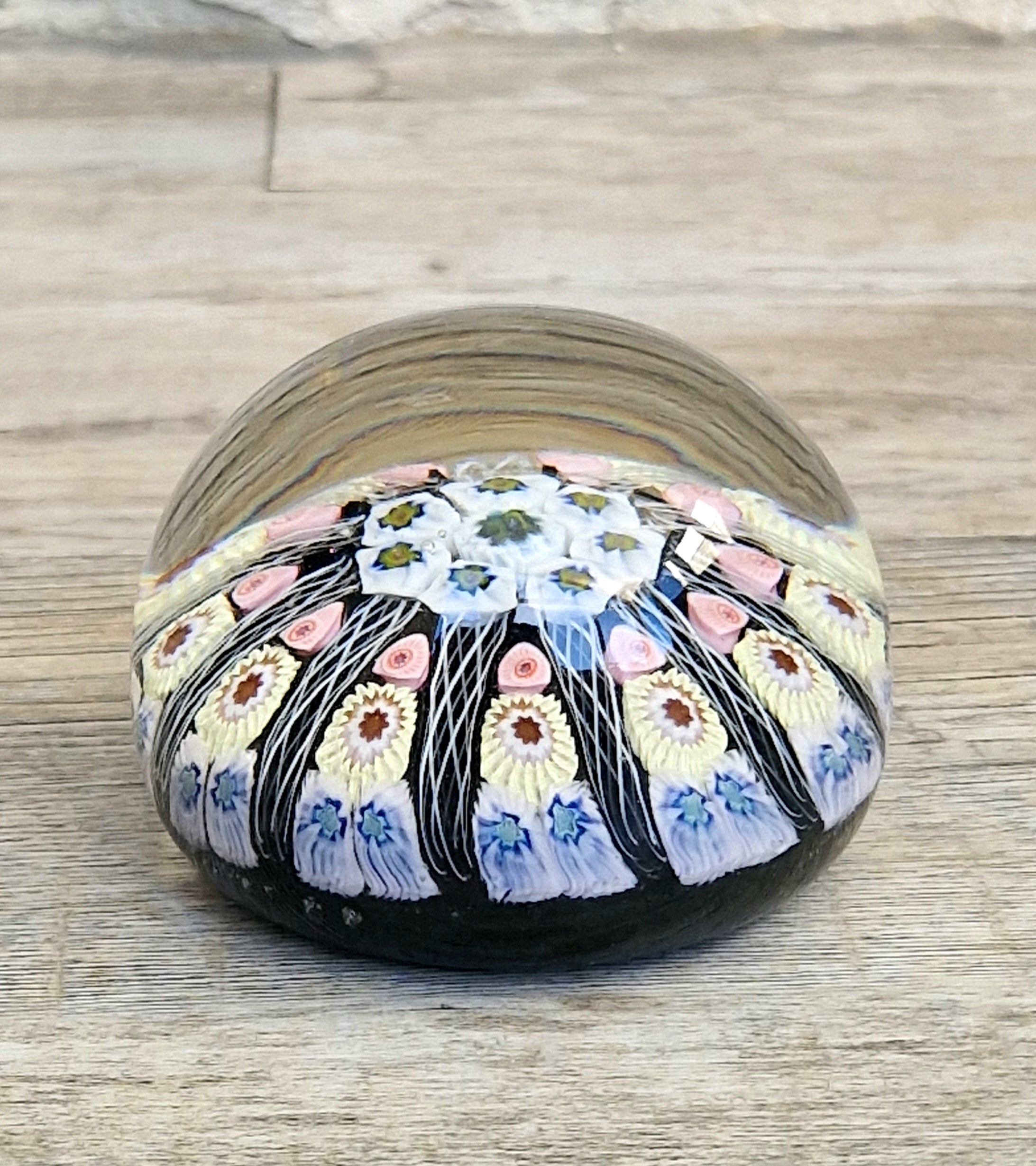Strathearn Art Glass Paperweight 11 Spoke Millefiori with Filligree on Purple Ground Vintage