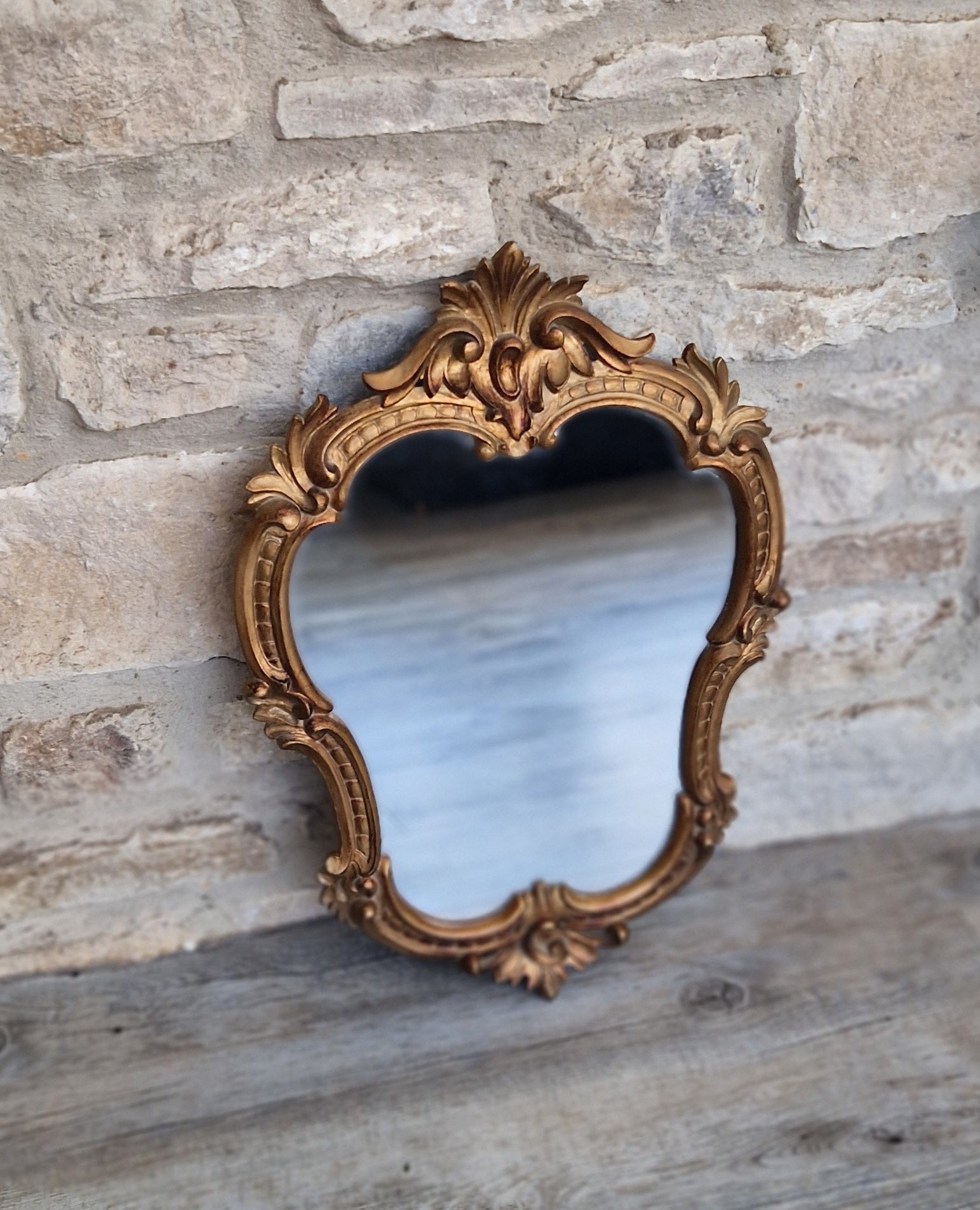 Vintage Italian Ornate Rococo Style Gilded Gold Wall Mirror 51cm x 35cm Stamped Italy