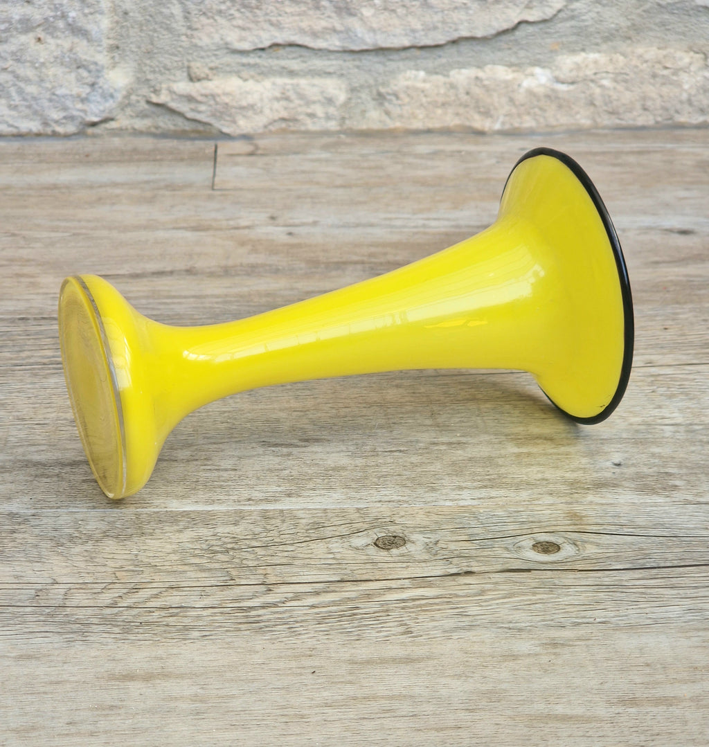 Vintage Bright Yellow Tango Glass Trumpet Vase with Black Rim 16cm