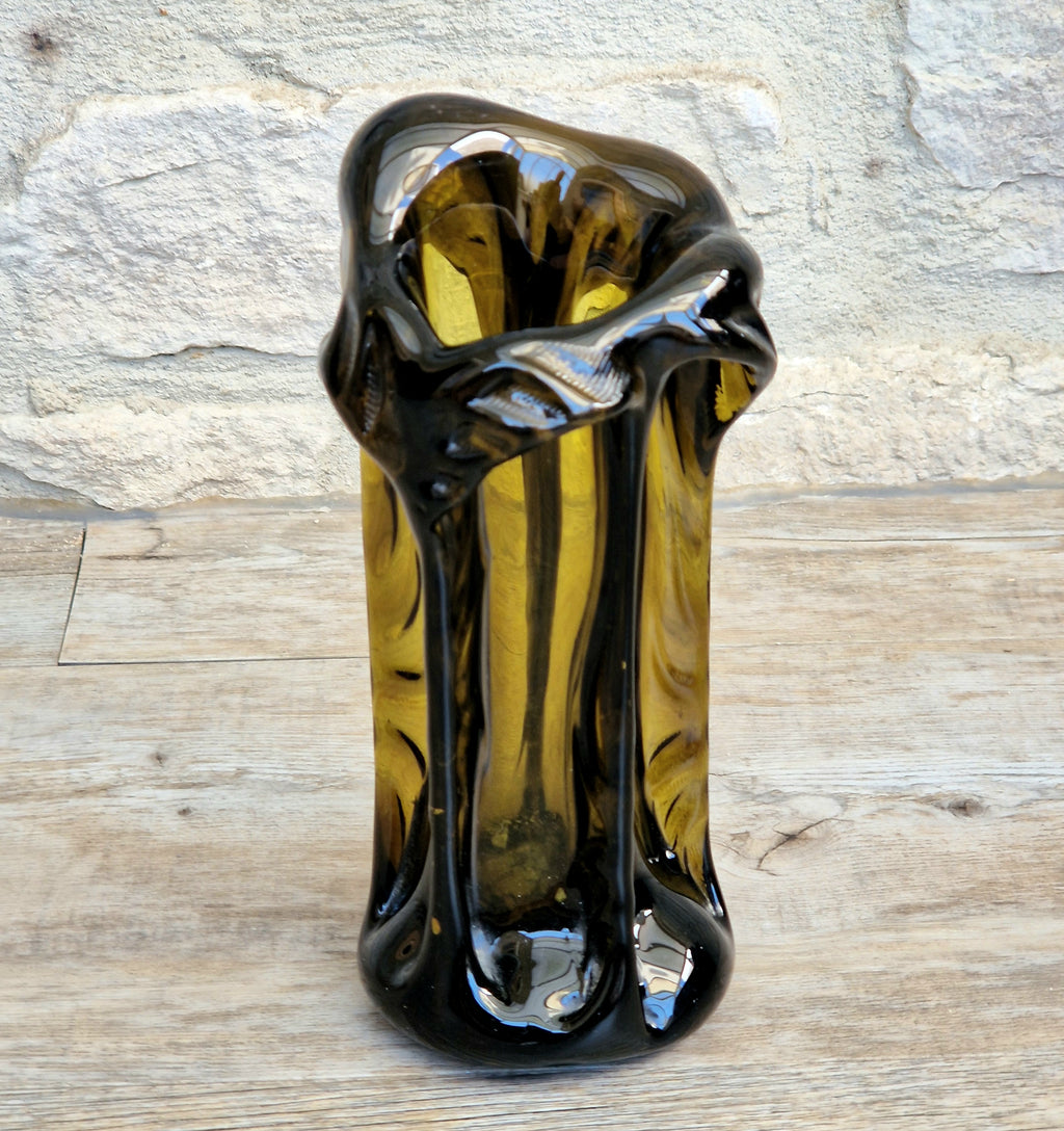 Vintage 1970s Polish Wołomin Hand Blown Smoked Amber Art Glass Pulled Freeform Ribbed Vase Rare Piece