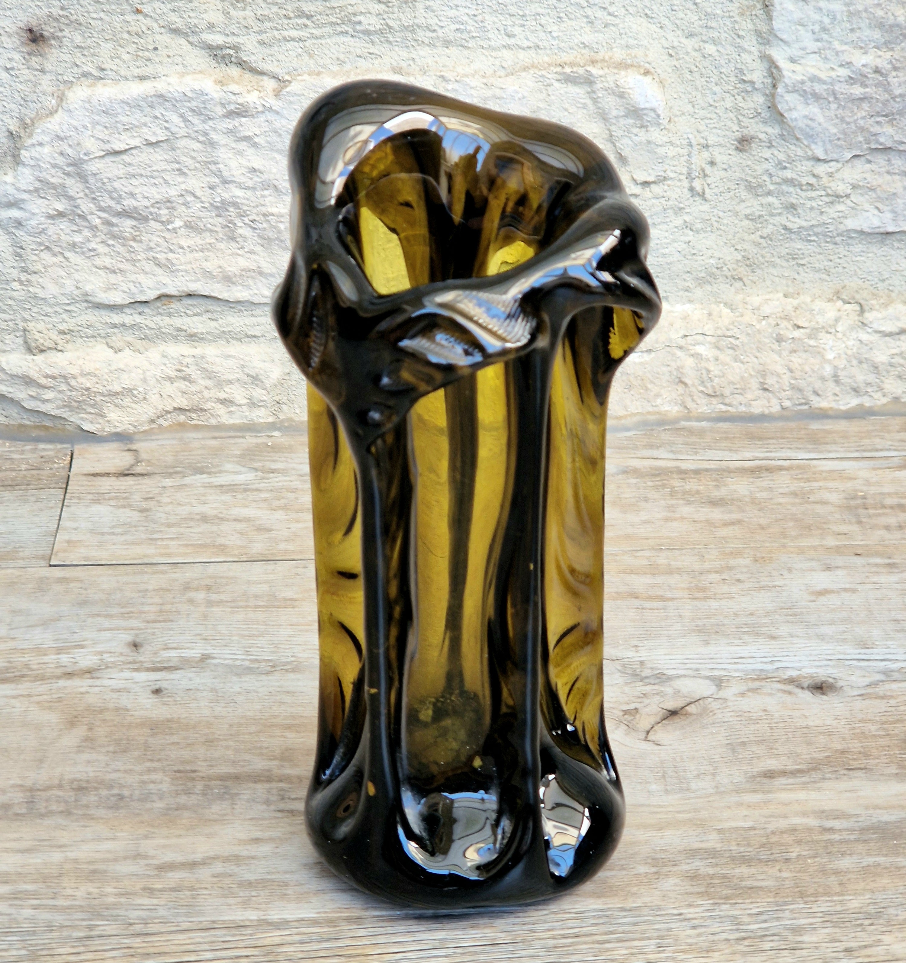 Vintage 1970s Polish Wołomin Hand Blown Smoked Amber Art Glass Pulled Freeform Ribbed Vase Rare Piece