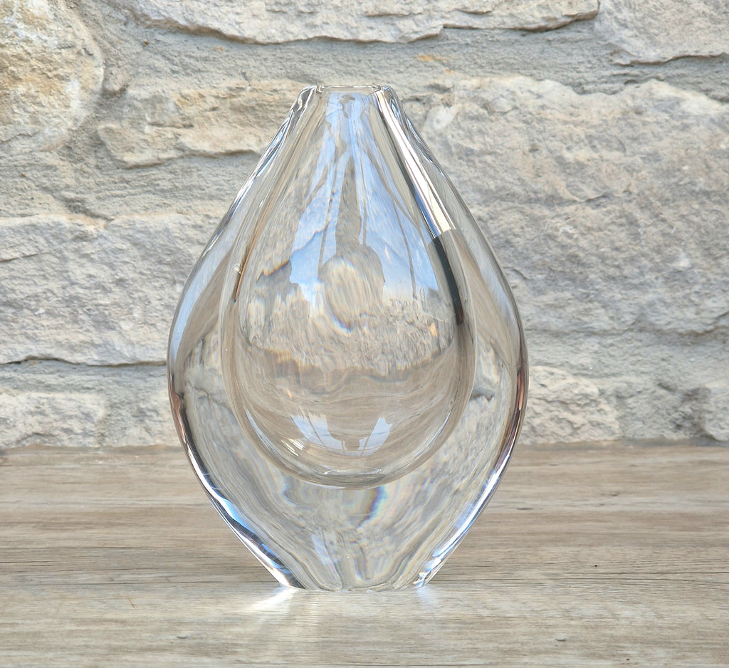 Vintage Orrefors PU3632 Crystal Teardrop Vase Mid Century Swedish Art Glass Sven Palmqvist 16cm