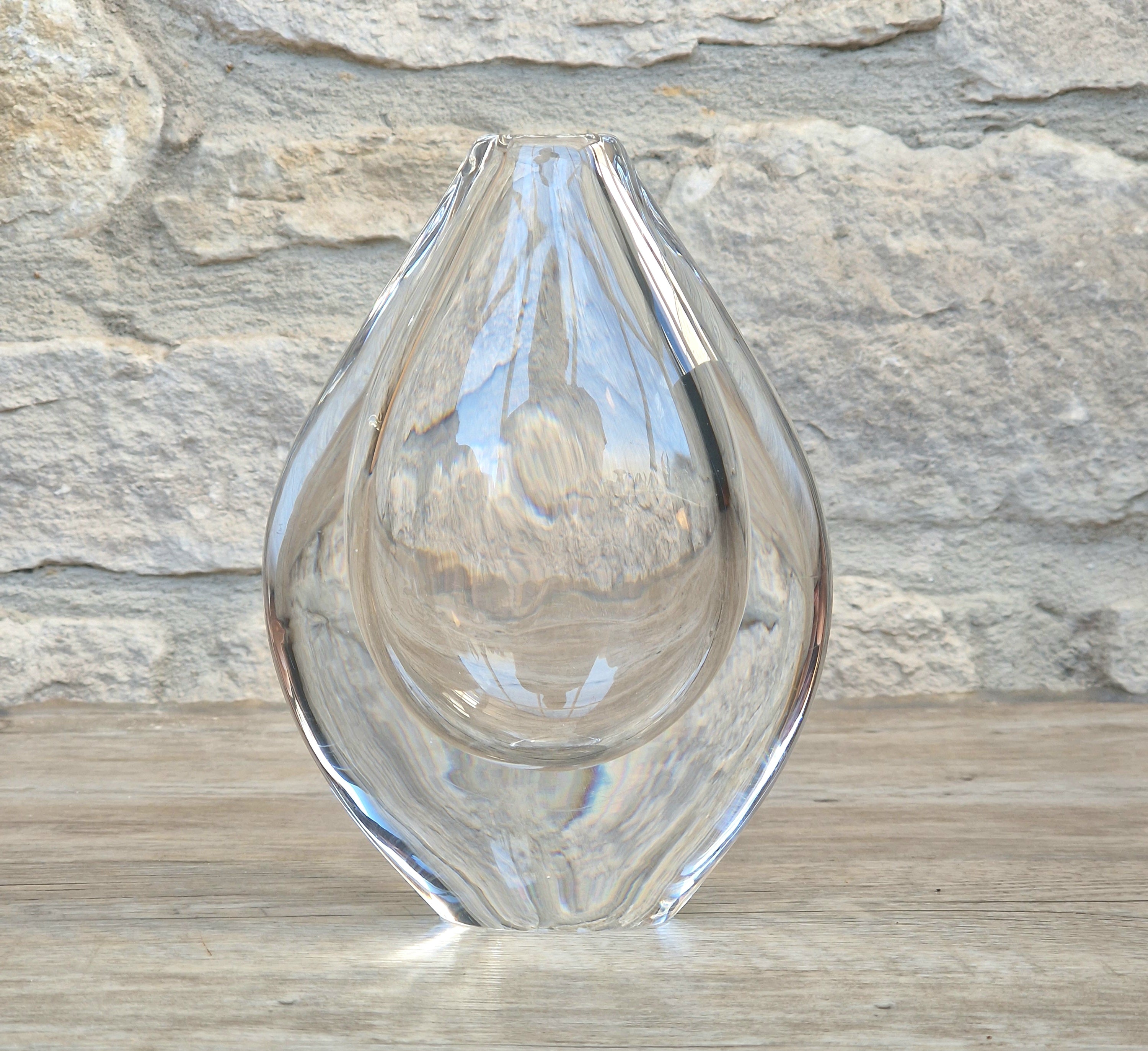 Vintage Orrefors PU3632 Crystal Teardrop Vase Mid Century Swedish Art Glass Sven Palmqvist 16cm