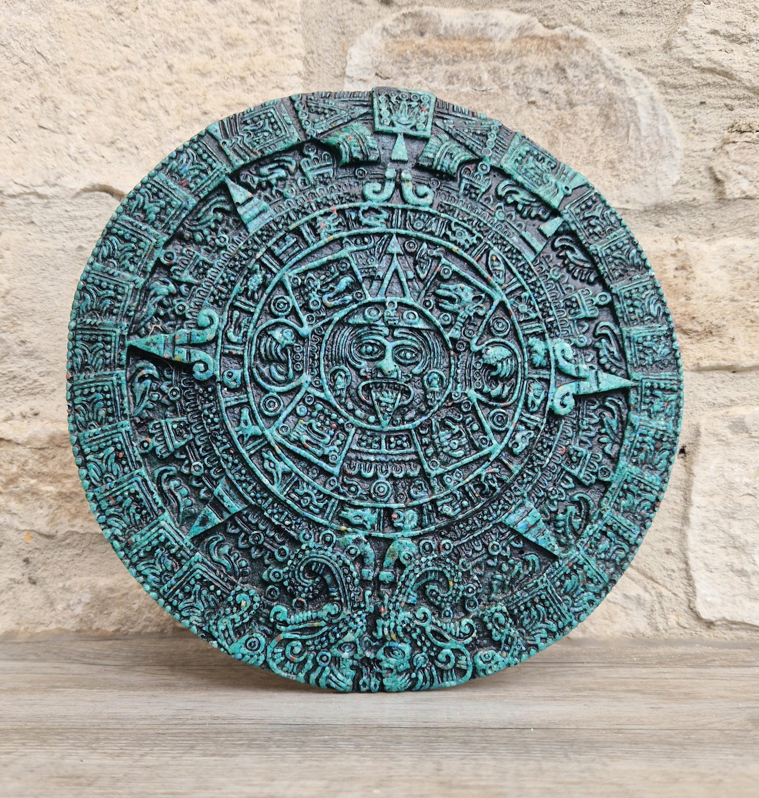 Vintage Green Malachite Composite Aztec Sun Stone Calendar Stone Wall Plaque