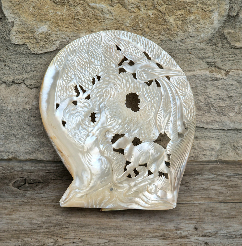 Vintage Chinese Carved Large Mother Of Pearl Shell Animal Birds Forest Scene