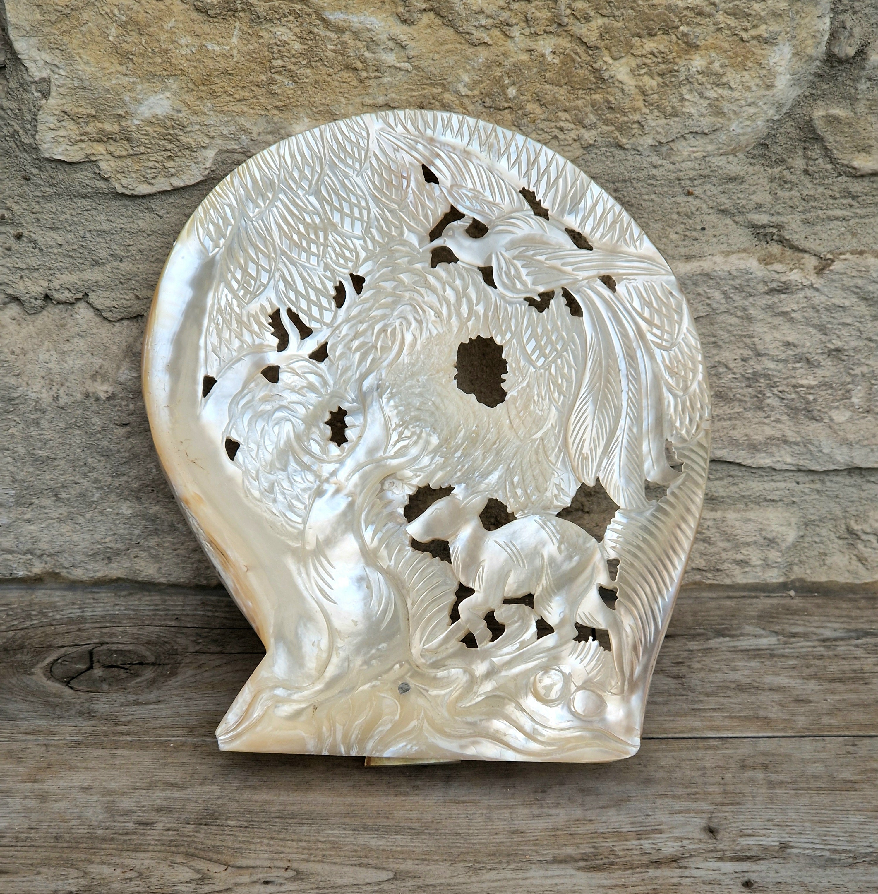 Vintage Chinese Carved Large Mother Of Pearl Shell Animal Birds Forest Scene