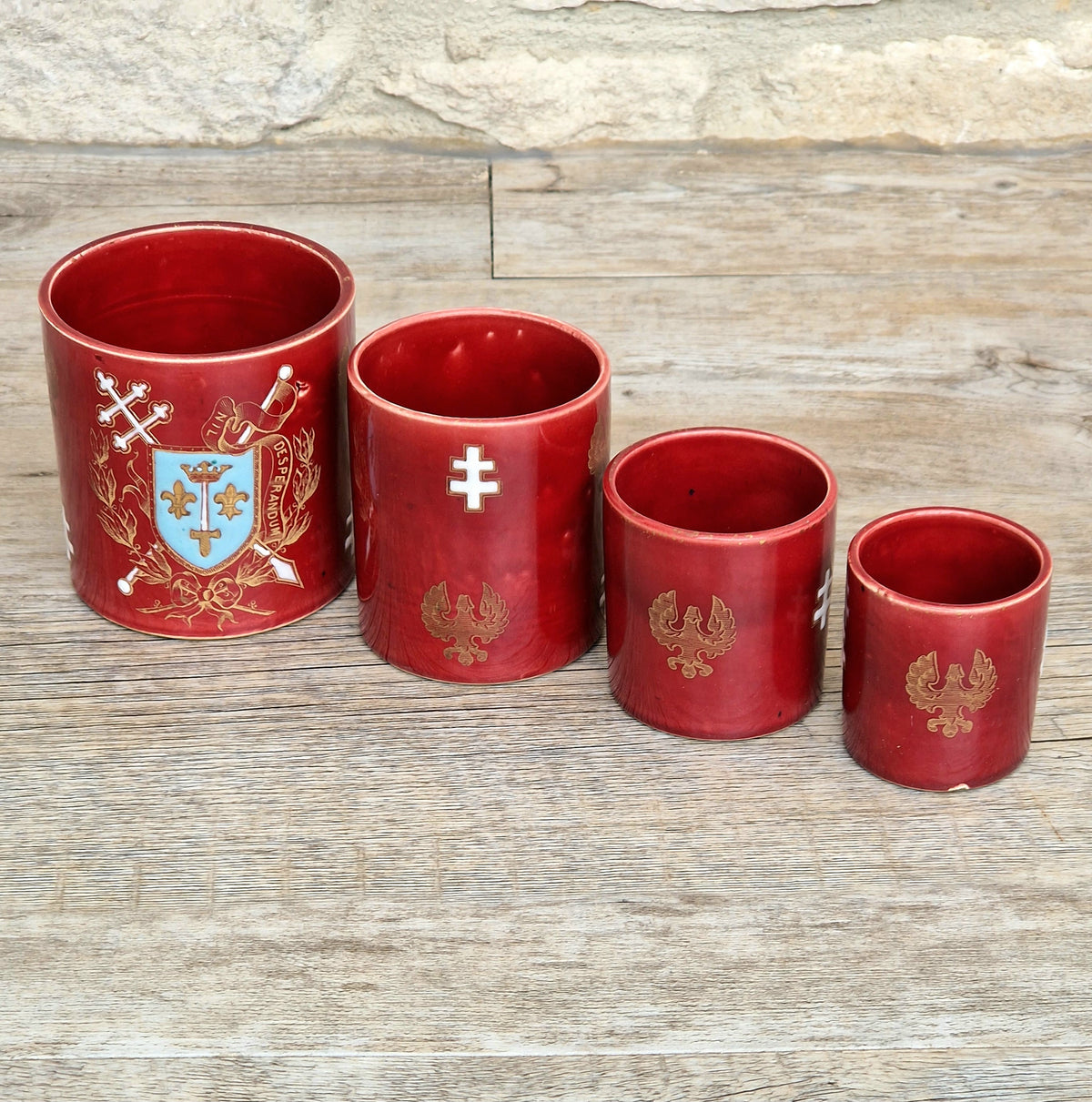 Rare Antique French Lunéville Ceramic Nesting Beakers, Keller & Guérin, Lorraine Heraldry, Nil Desperandum, c.1890 Set