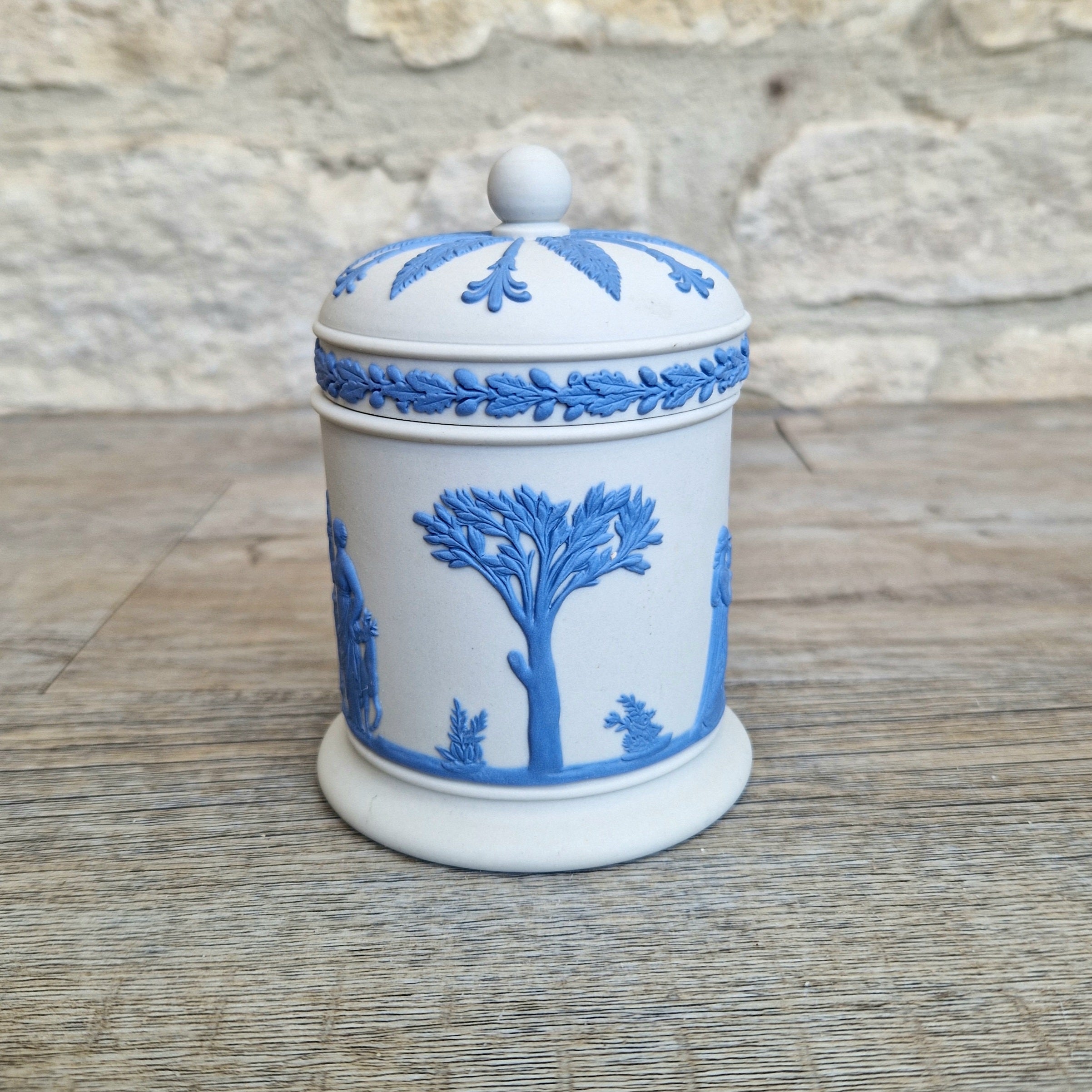Wedgwood Jasperware Neo Classical Lidded Pot Reverse Blue on White Vintage Wedgwood Made in England