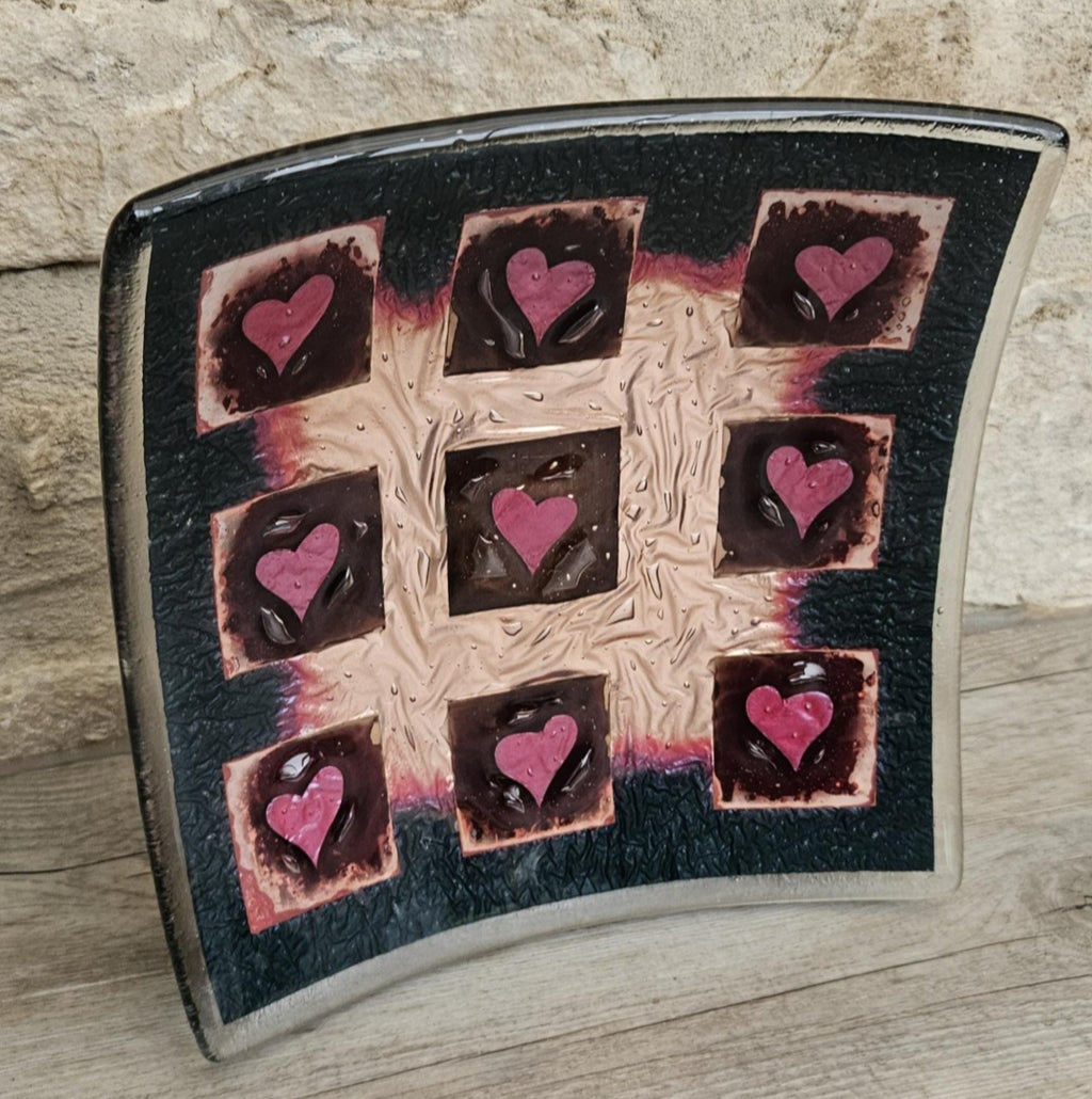 Art Glass Large Love Heart Fused Glass Curved Square Centrepiece 19cm Square