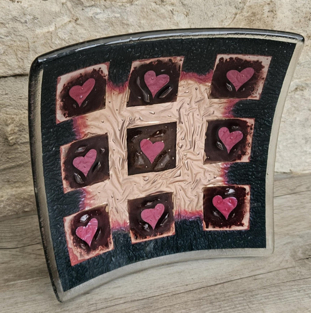 Art Glass Large Love Heart Fused Glass Curved Square Centrepiece 19cm Square
