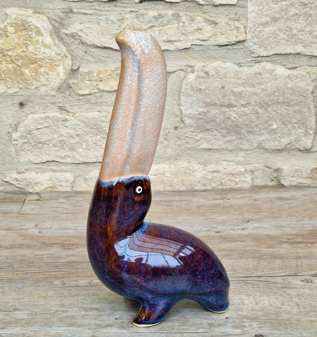 Rare 27cm Vintage Mid Century Ceramic Toucan Sculpture Mottled Treacle Blue Purple Art Pottery Bird