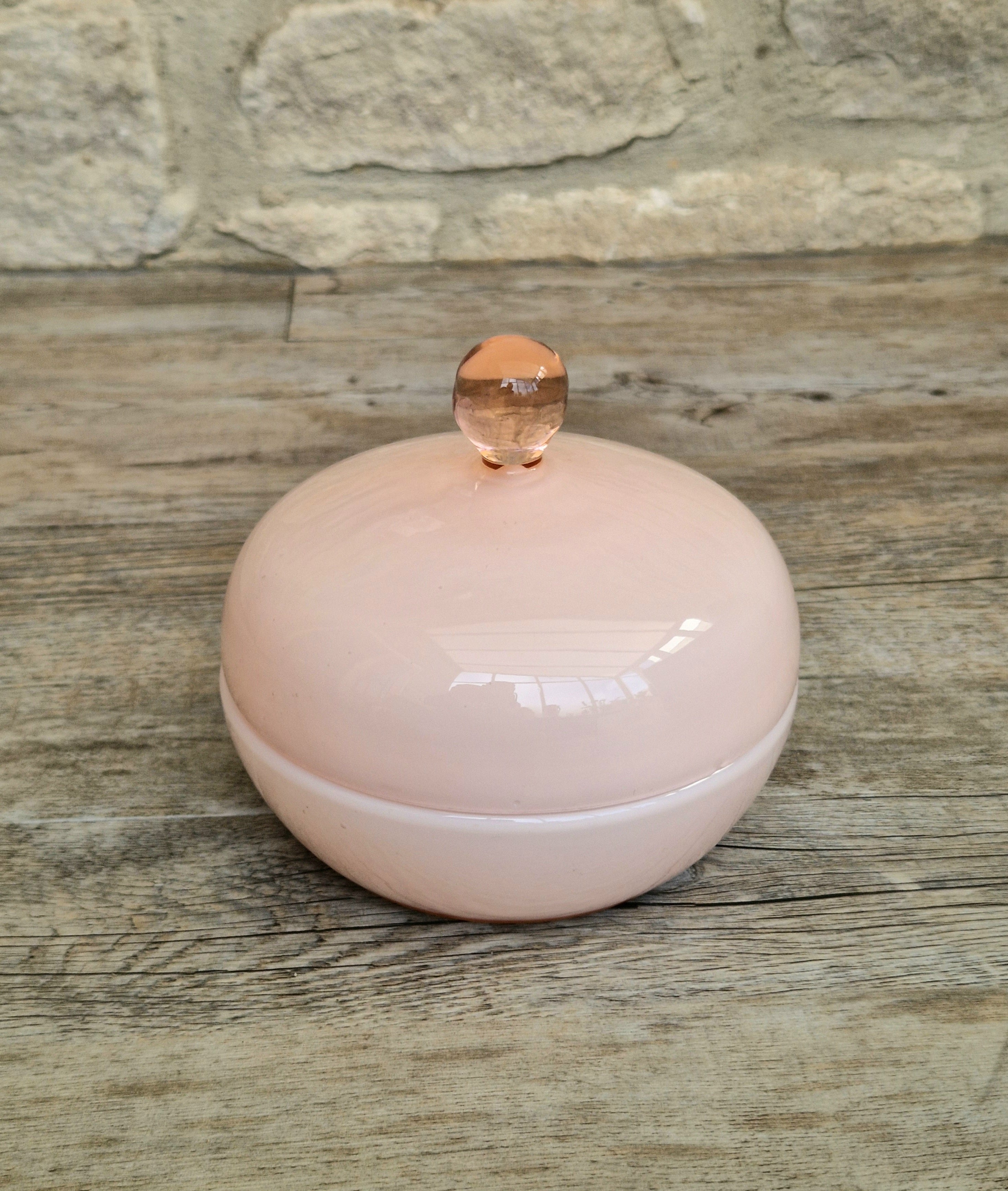 Vintage Large Opaline Pink Glass Lidded Powder Box Trinket Dish Art Deco Decor