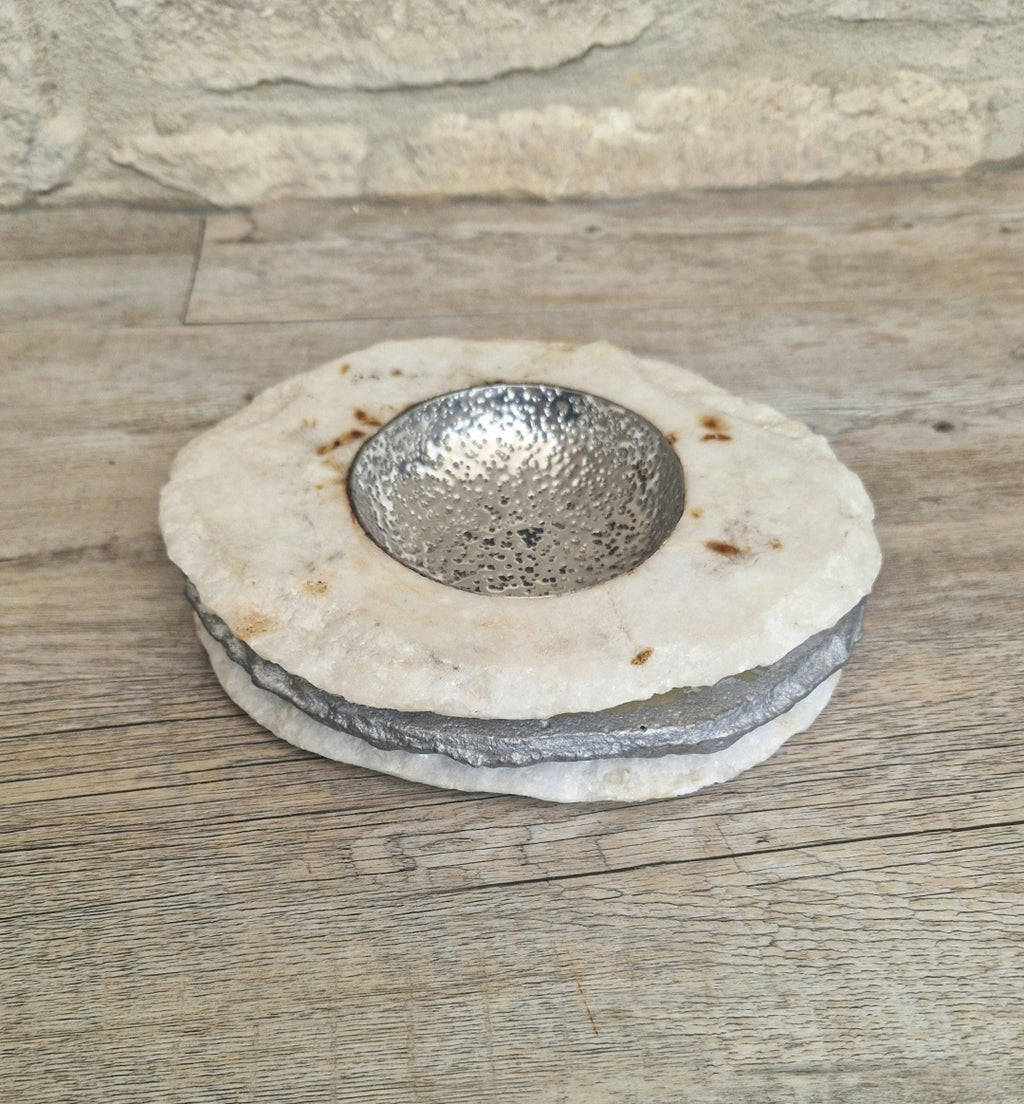Alabaster & White Metal Vide Poche Catch-All Bowl Handmade Vintage