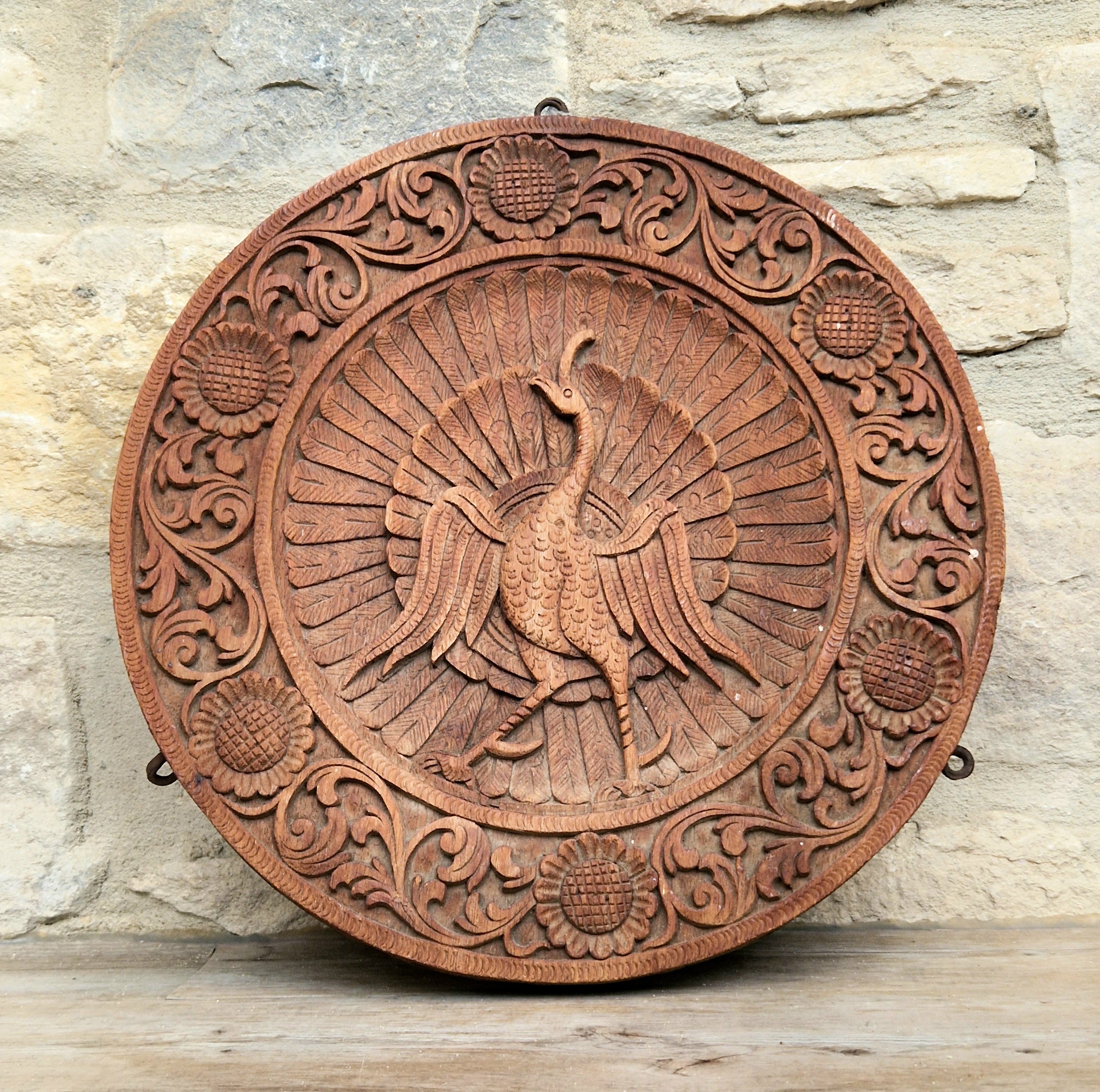19th c. Colonial Anglo-Indian Hand-Carved Teak Wood Dancing Peacock Disc Panel 30cm