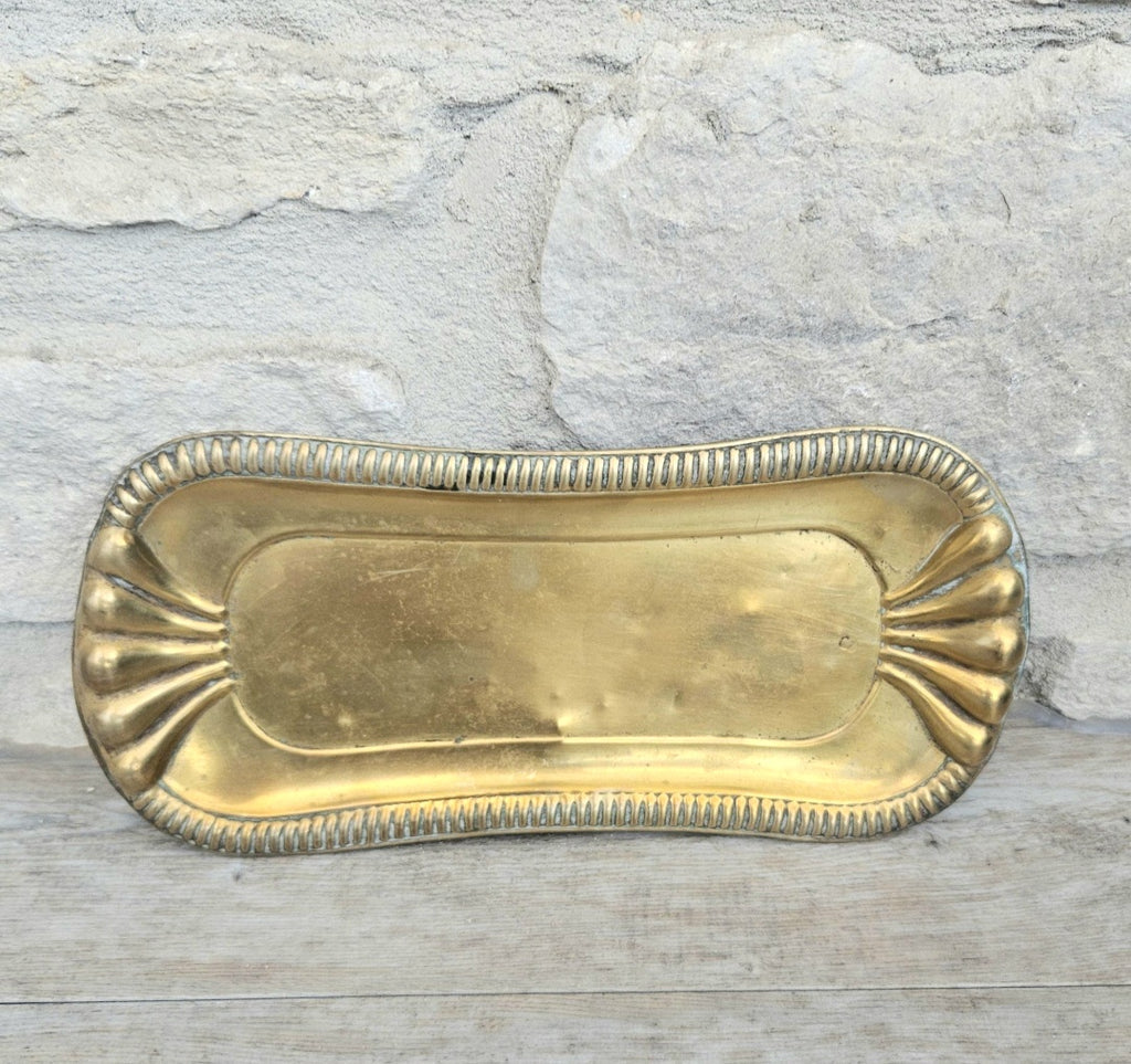 Antique Art Nouveau Brass Trinket Tray Ornate Catchall Dish Vanity Decor with Patina 24cm X 10cm